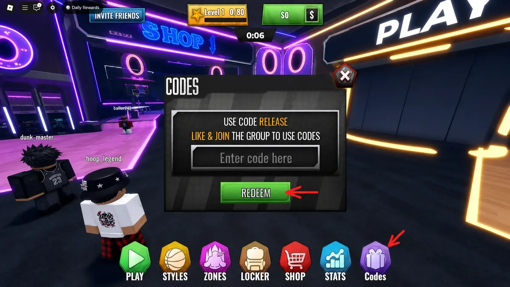 Basketball Rivals codes redeem section