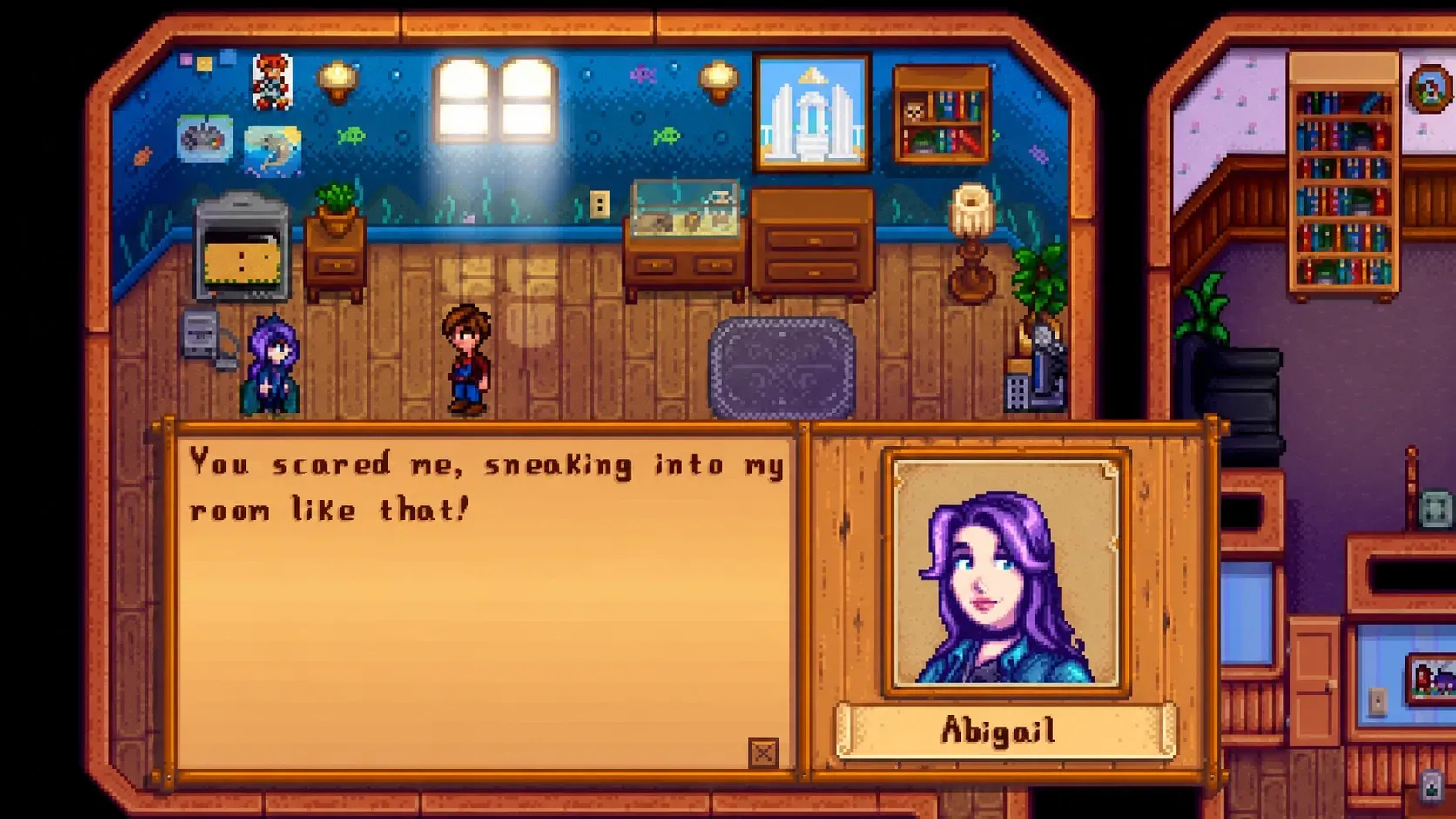 Stardew Valley characters - a screenshot of the game showing Abigail talking