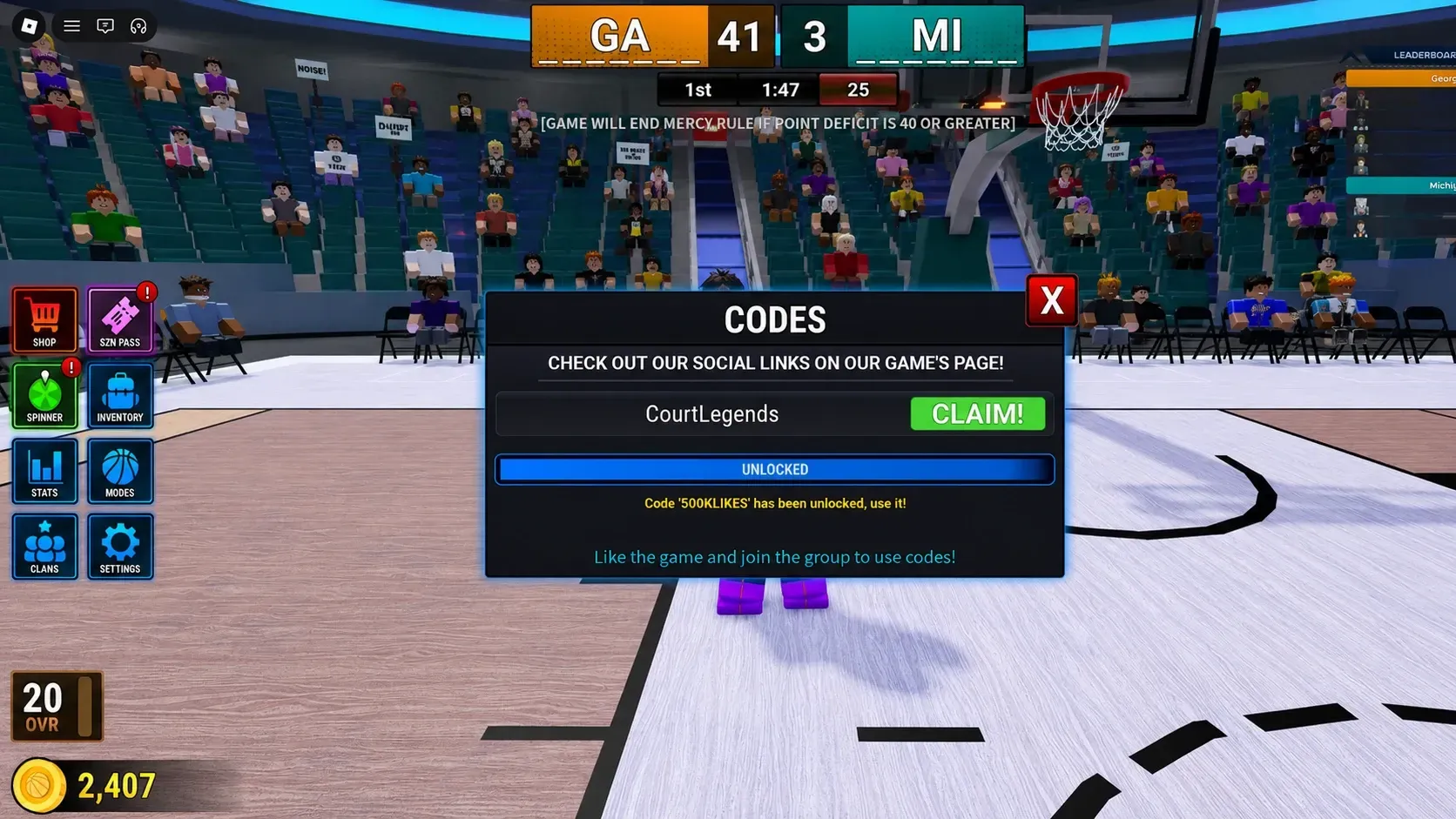 The Basketball Legends code redemption screen