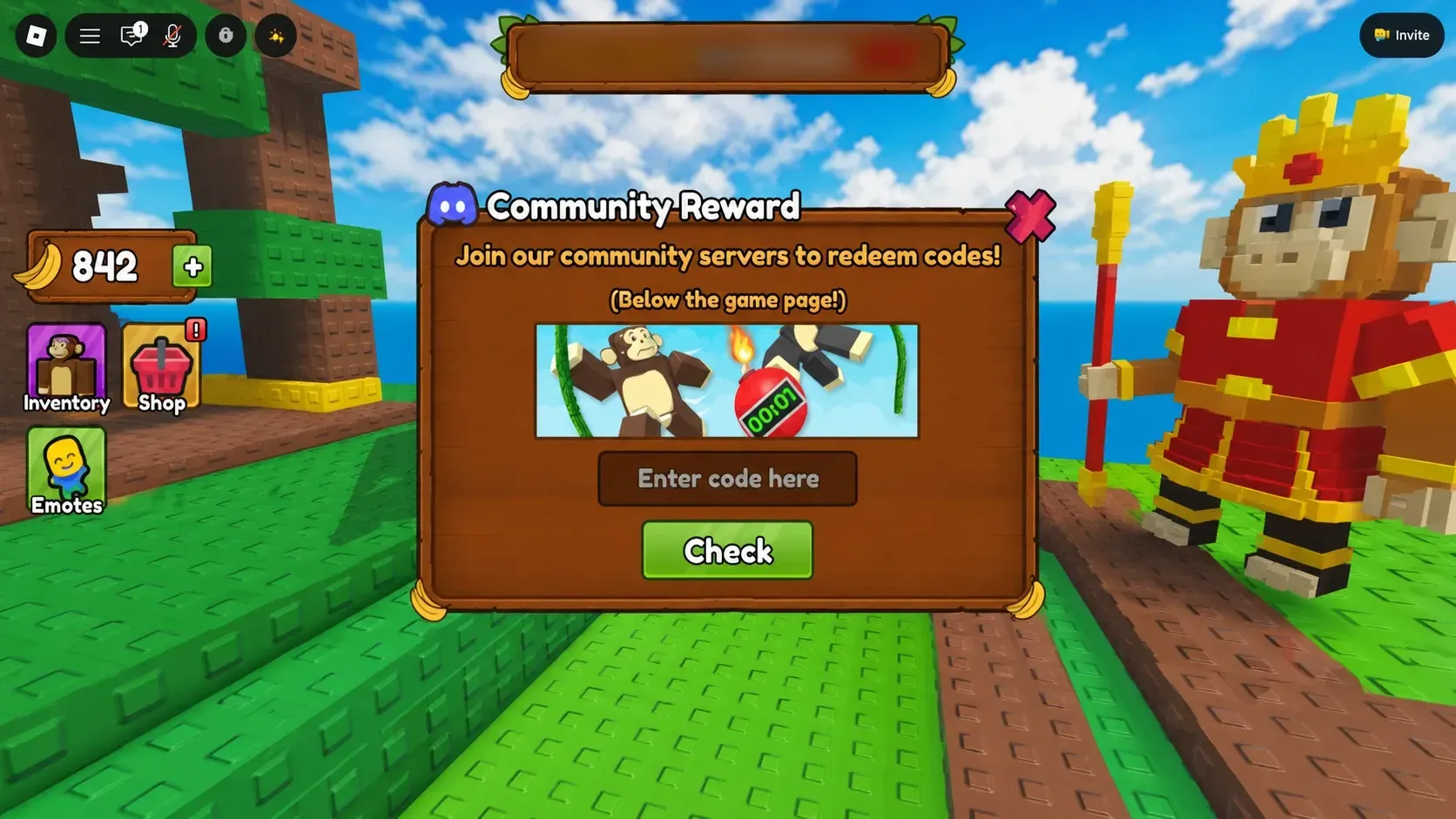 Code redemption dialog box Monkey bomb tag