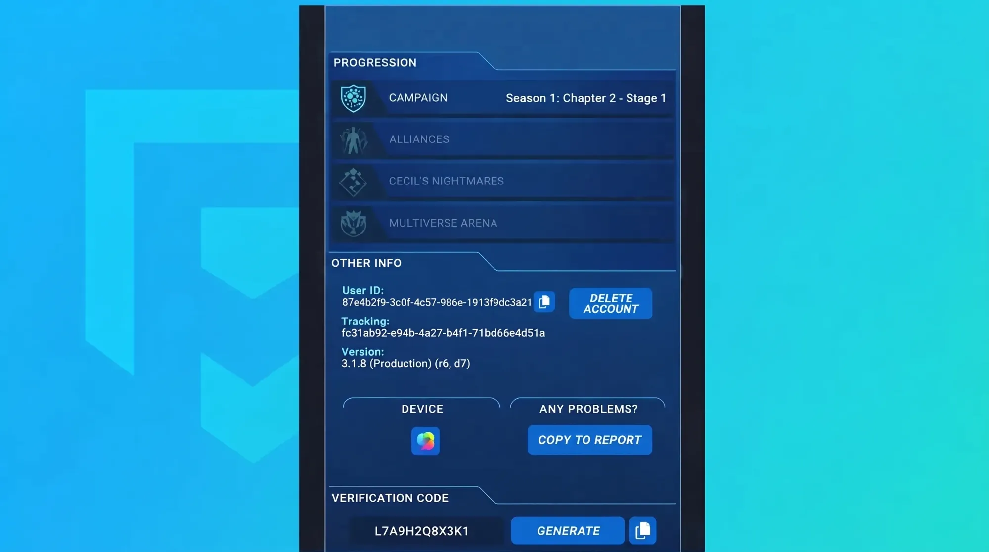 Invincible: Guarding the Globe code generation screen inside the app against a blue Pocket Tactics background