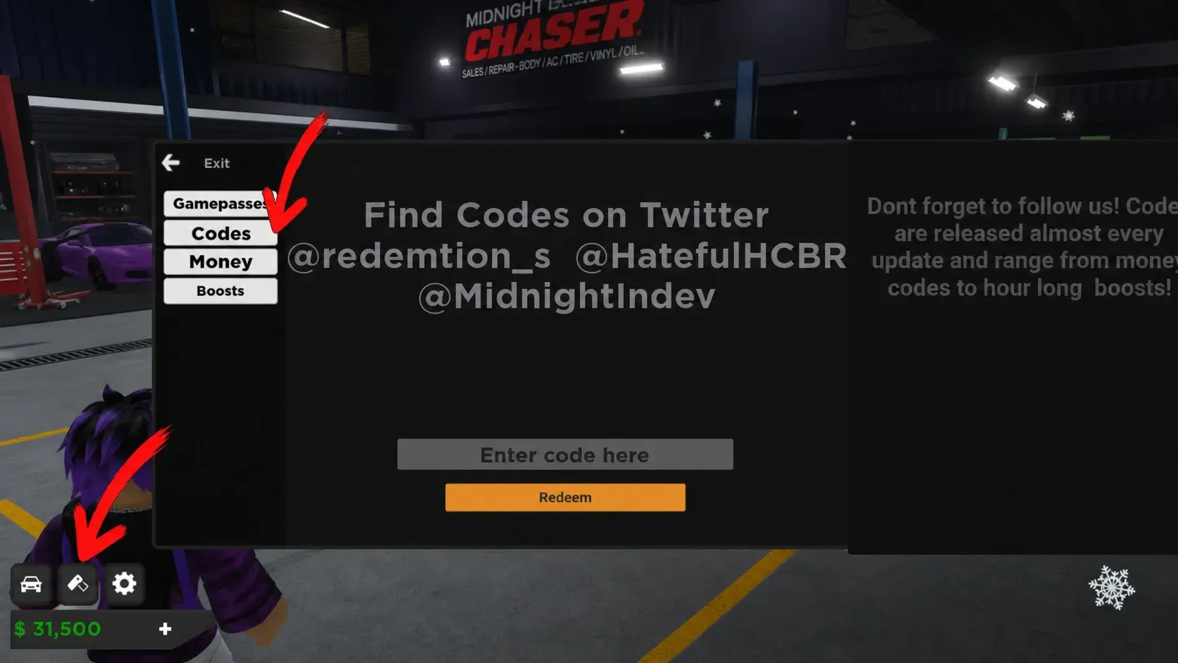 How to redeem codes in Midnight Chaser