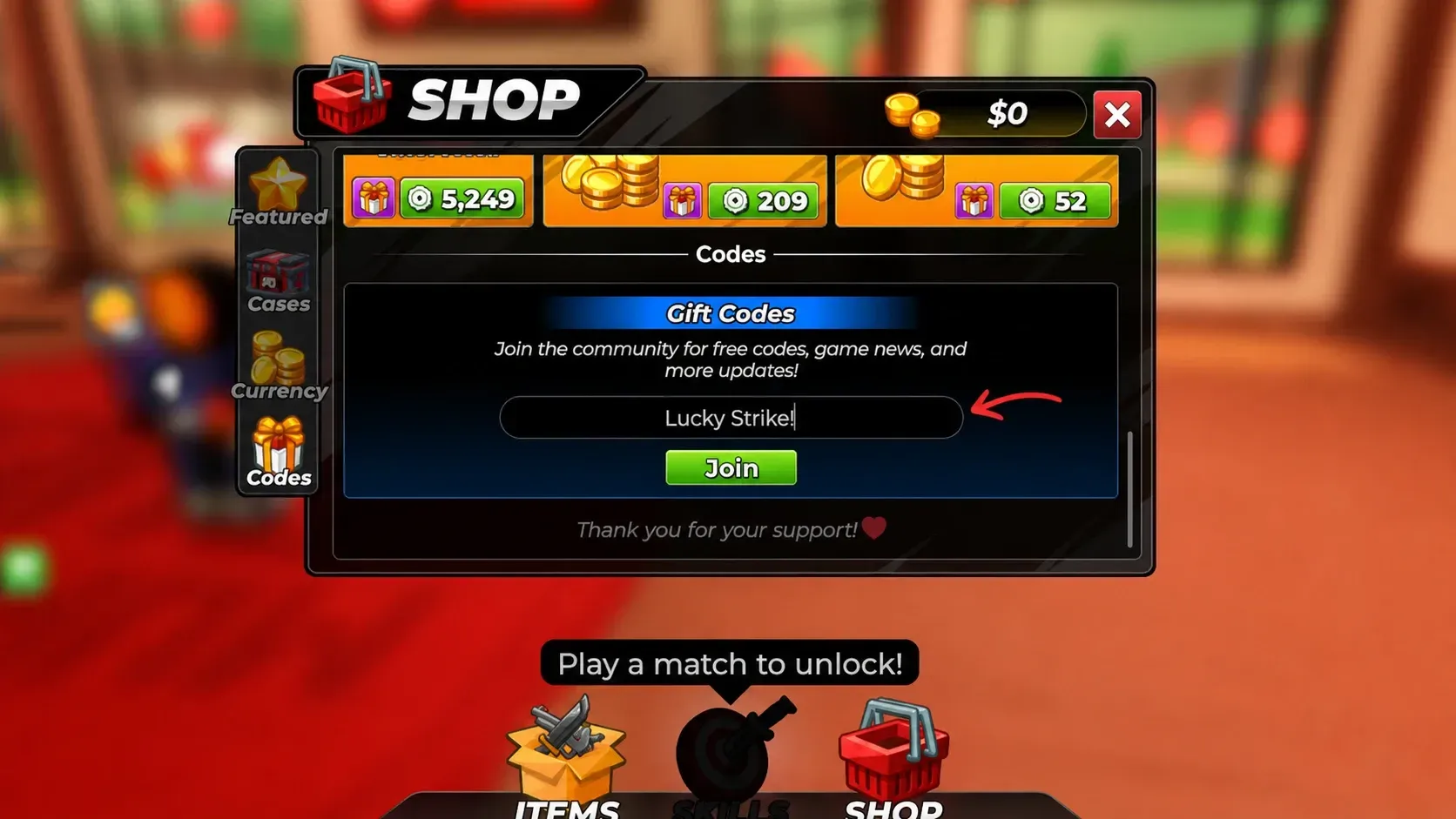 Murder Duels codes: A screenshot of the codes box with Pocket Tactics in the slot and a PT logo in the top right corner