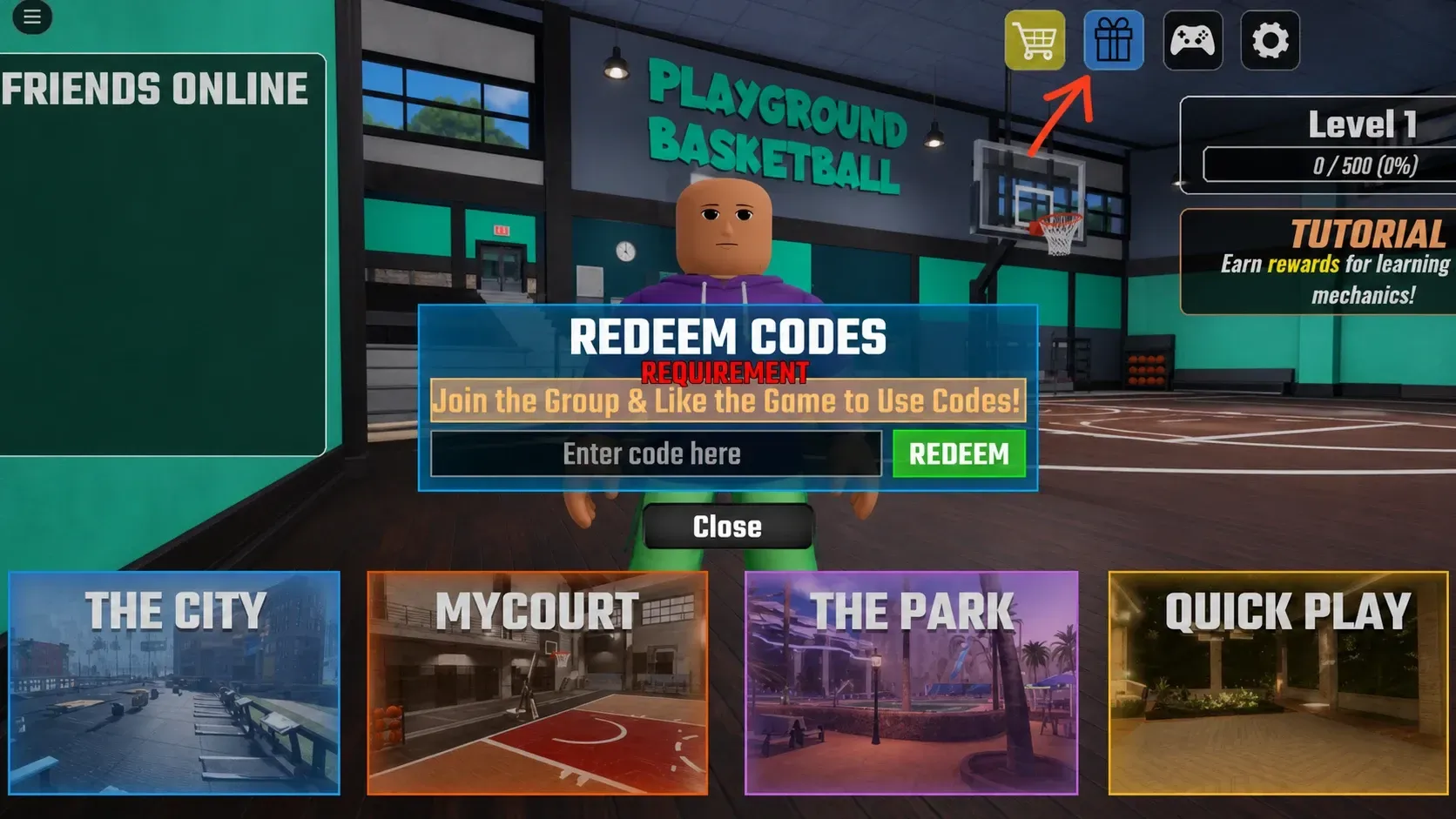Playground Basketball's code redemption screen, with Pocket Tactics filled in where a code would go