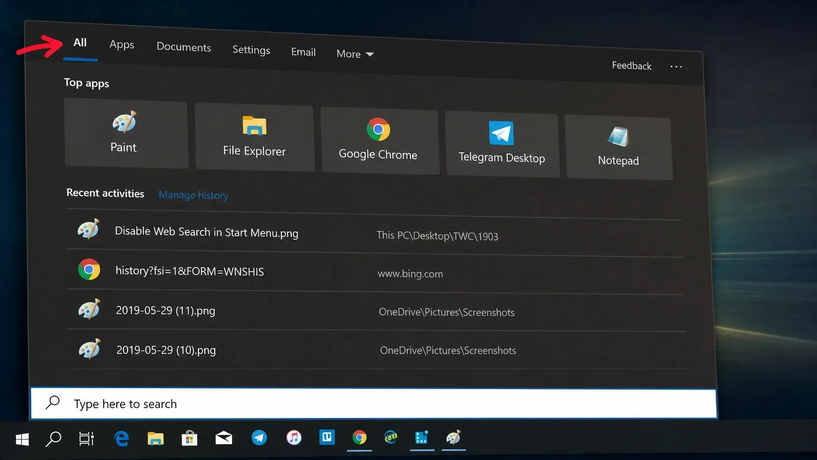 Disable Web Search in Windows 10