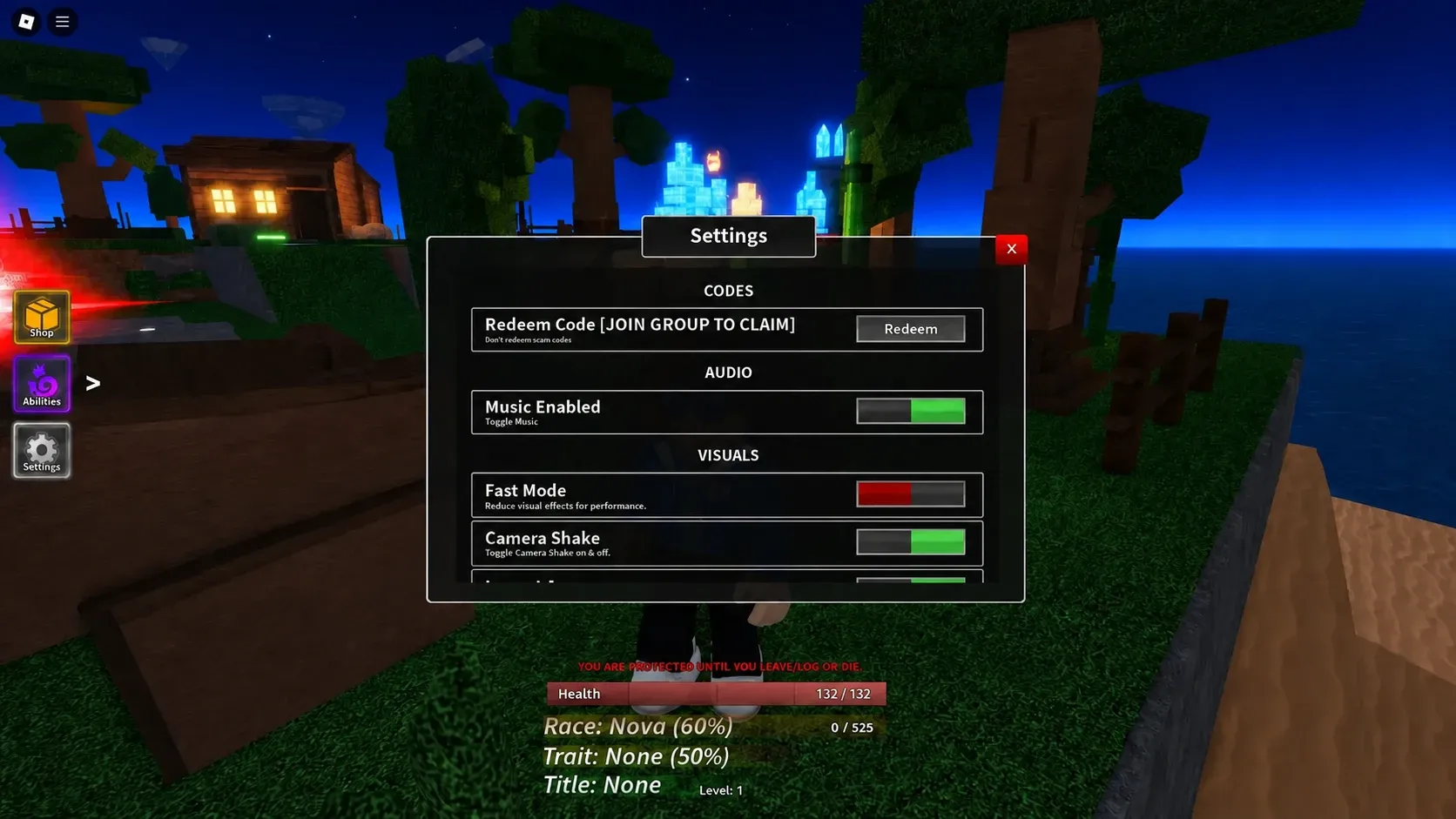 Reign Piece codes: a redemption menu in front of logs and trees at night