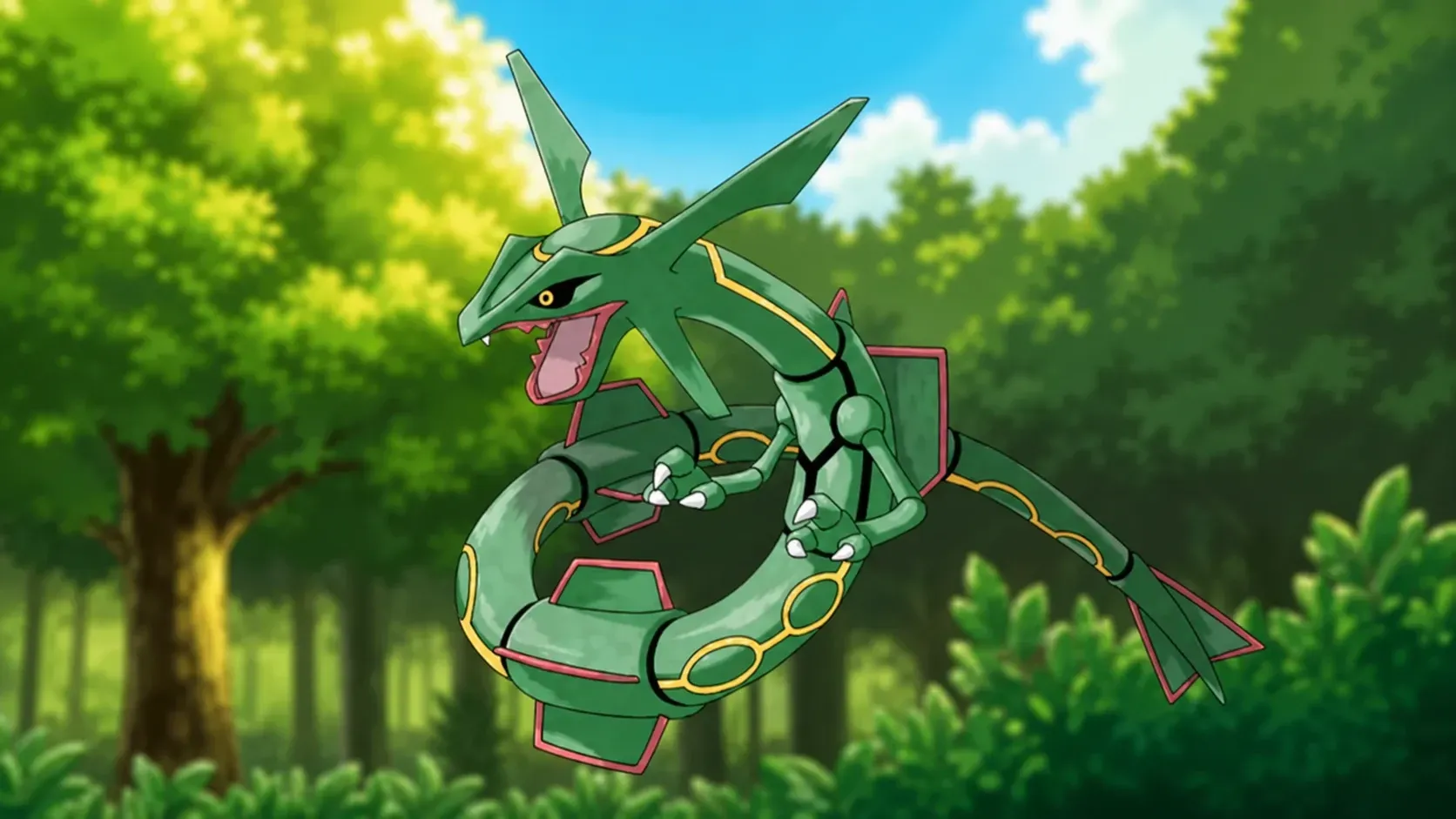 Custom image of Rayquaza on a forest background for best snake Pokémon guide