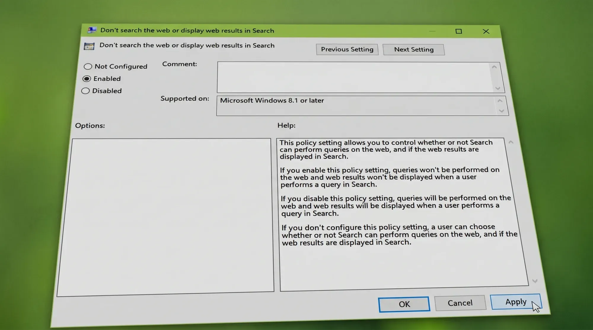 Do not allow web search policy enabled