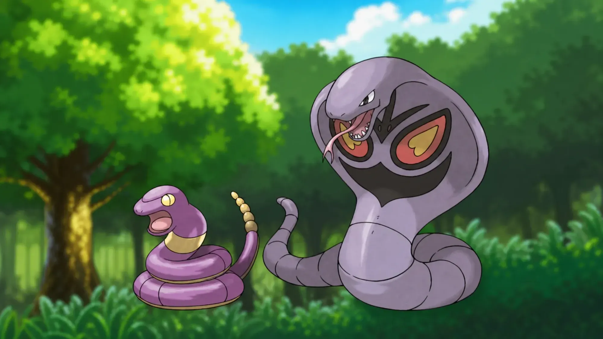 Ekans and Arbok evolution line in a forest for snake Pokémon guide