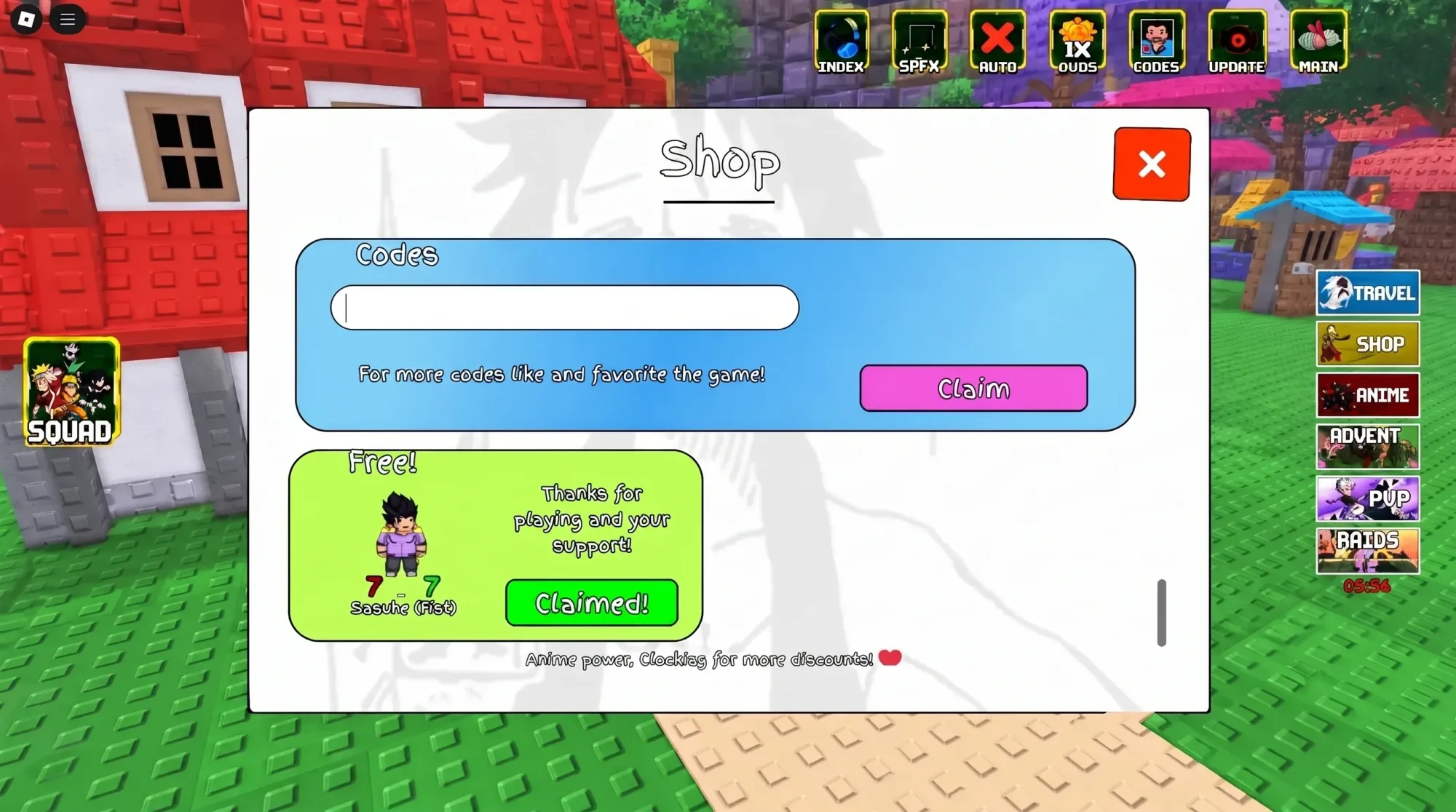 AniPixels codes: A screenshot of the codes box in the game with Pocket Tactics in the box and a PT logo in the top right corner