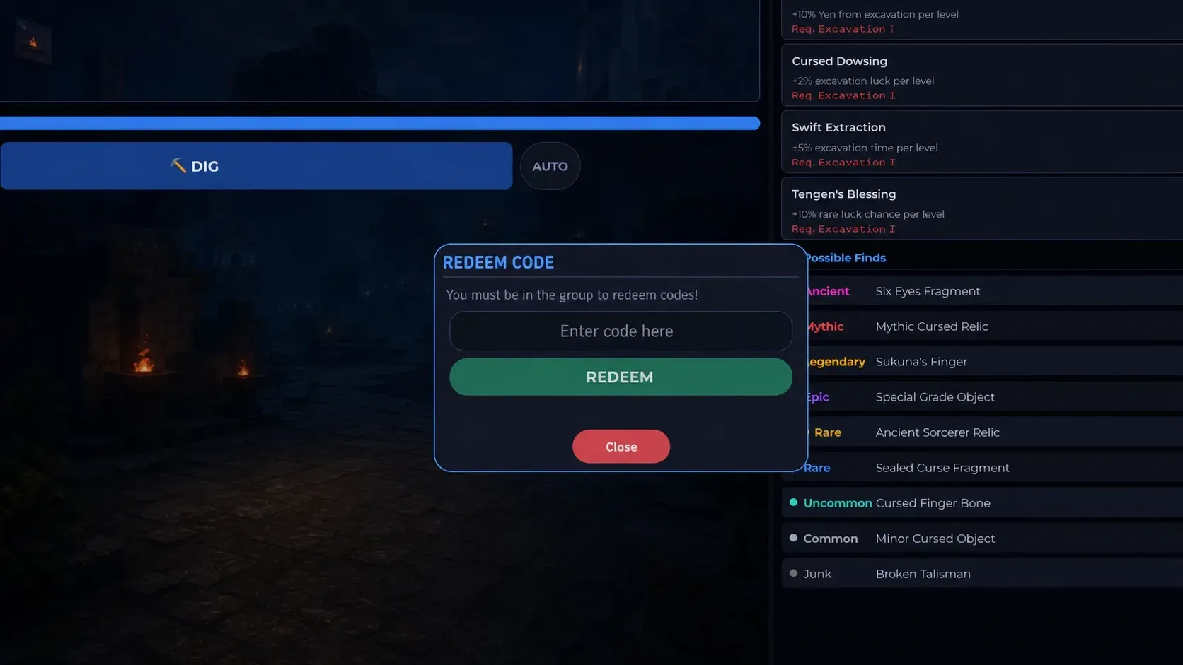 Sorcerer Incremental codes redemption screen showing the code input field in the top-right corner