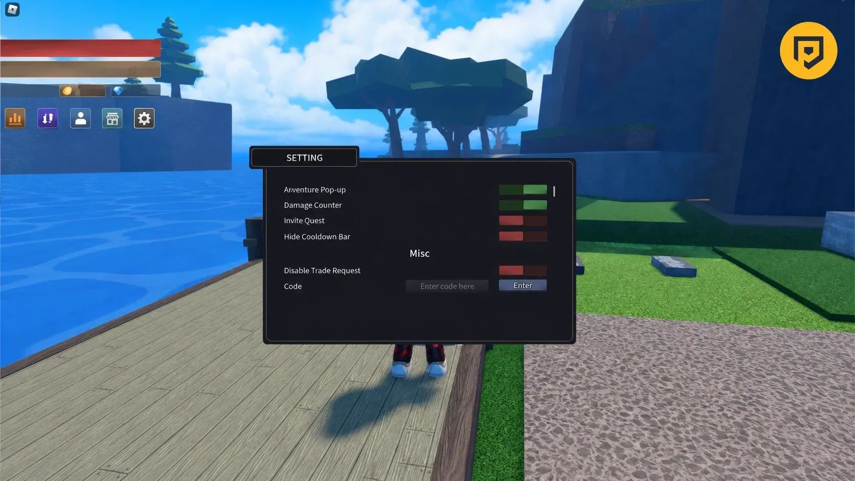 Rogue Piece codes redemption screen on a dock next to the sea