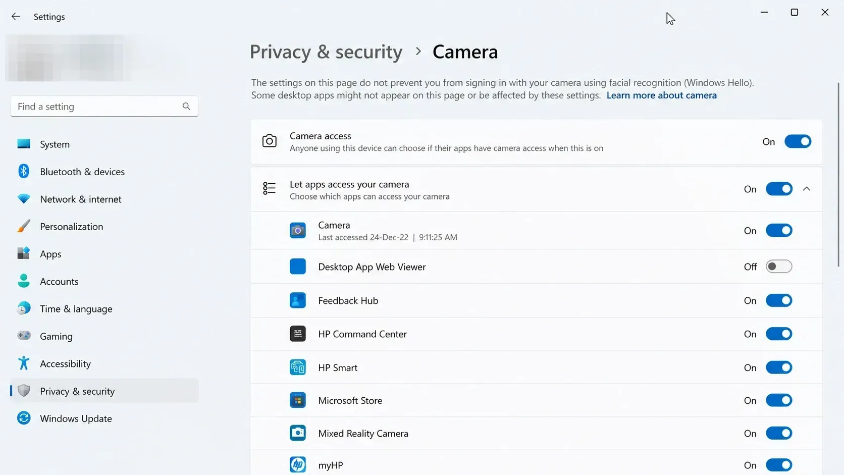 camera app permission windows 11