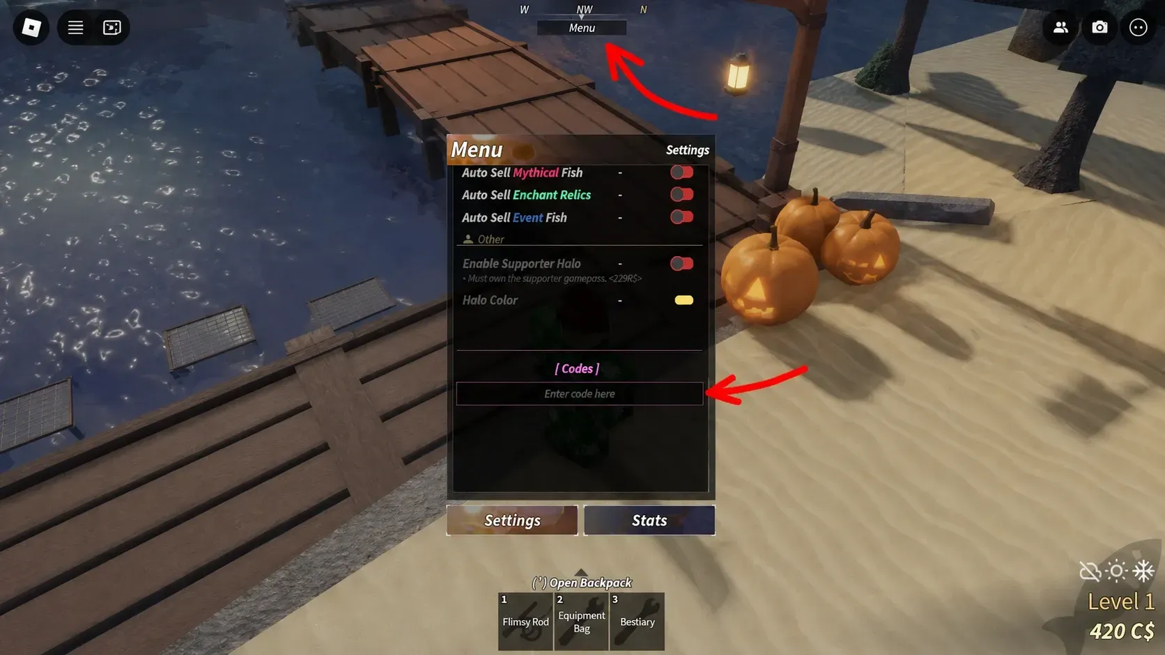 Screenshot of the Fisch menu and codes section