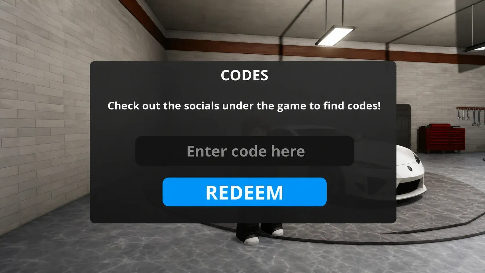 Highway Legends codes redemption screen in a garage