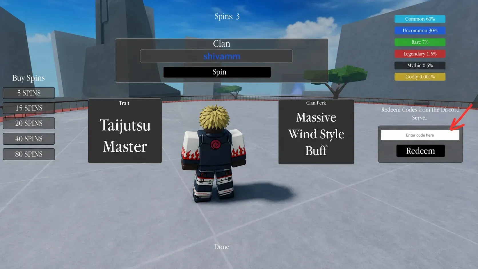 Shinobi Reborn codes redemption screen with a person stood in the center of the screen