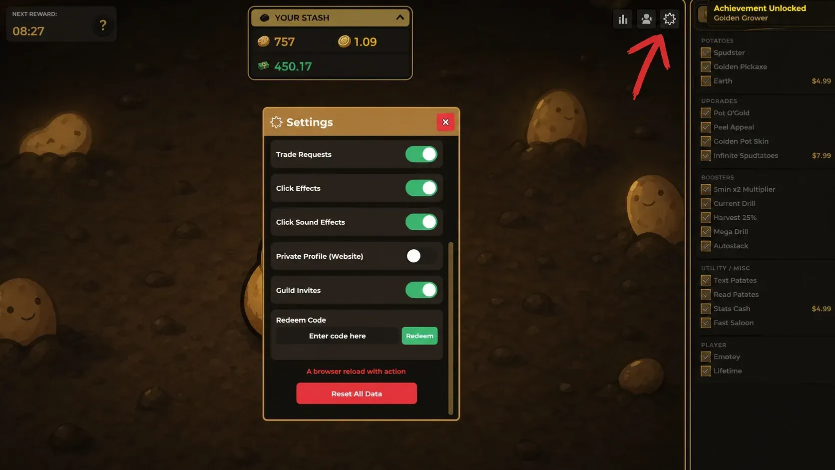 Settings menu in Idle Potato Game showing the cog icon location in the top right corner of the screen