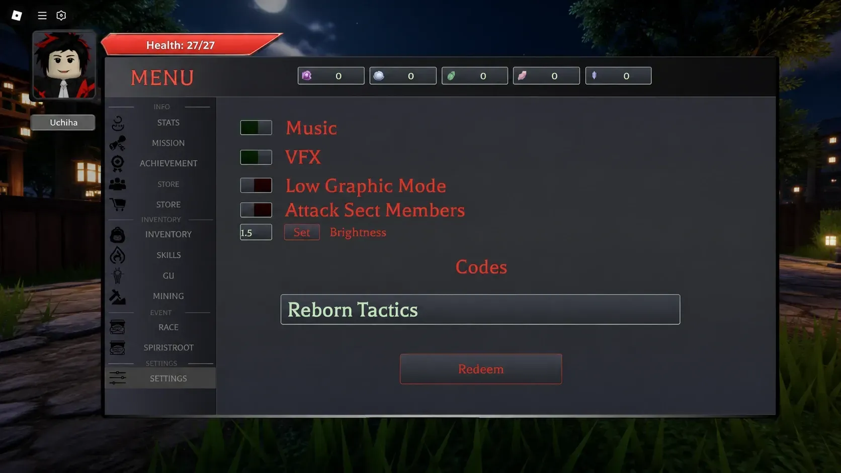 Reborn Insanity codes: a redemption menu with the PT logo in the top right corner