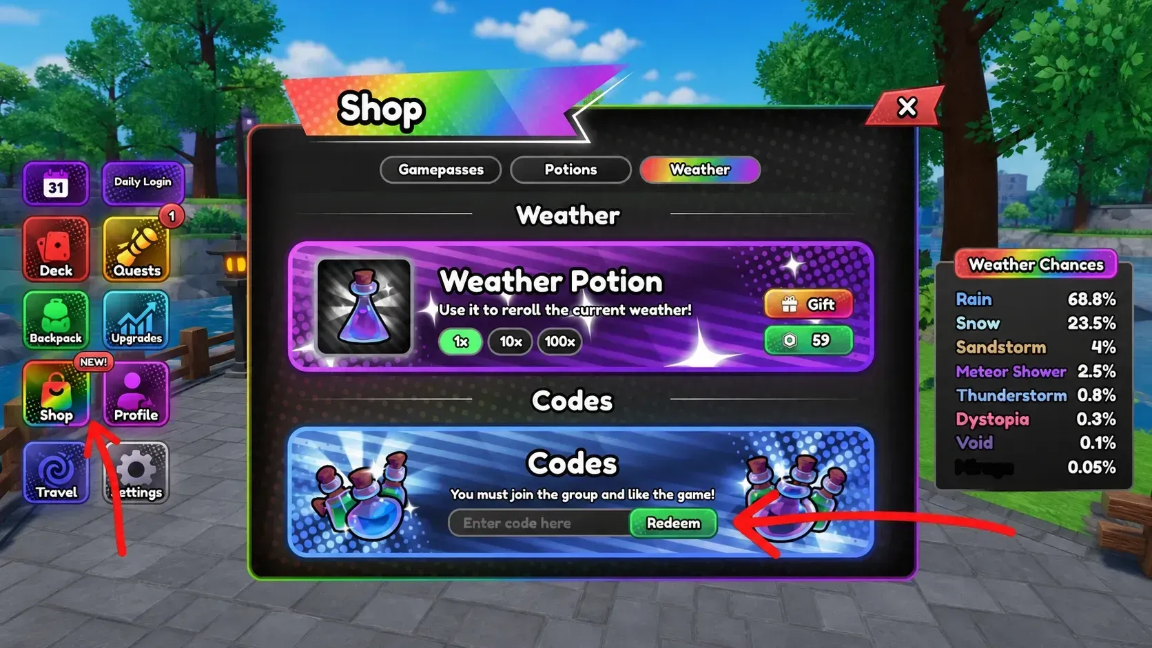 Anime Card Crusade codes redemption screen showing the arrow pointing to the Shop icon at the left, and the code redemption system
