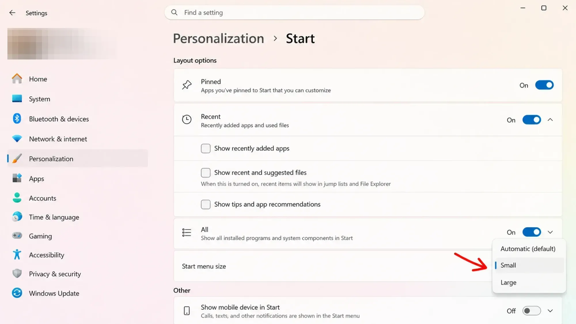 Start menu new settings
