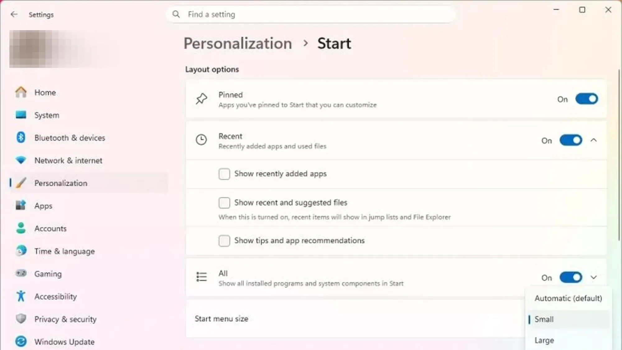 Start menu new settings