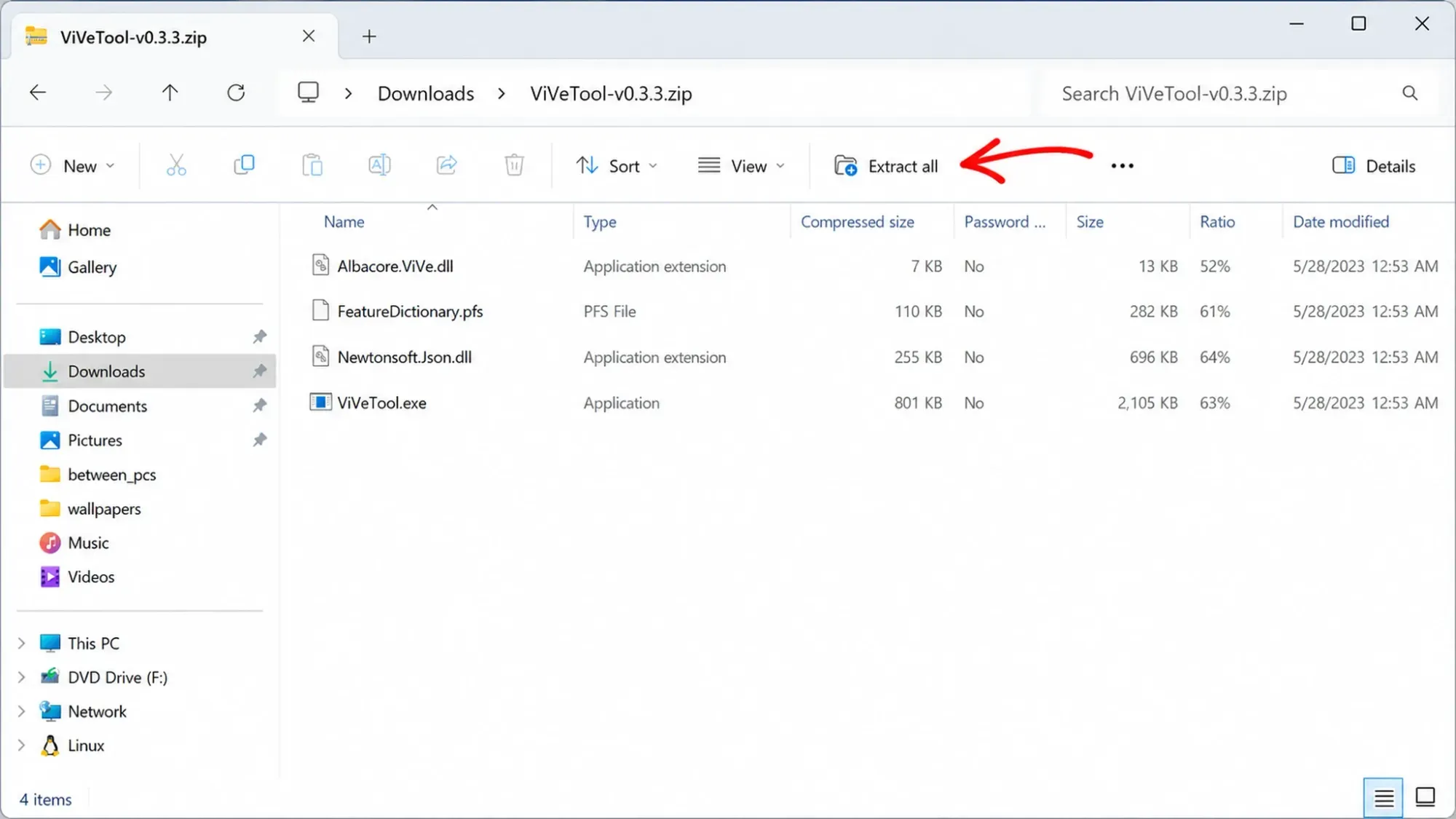 Extract ViveTool zip file