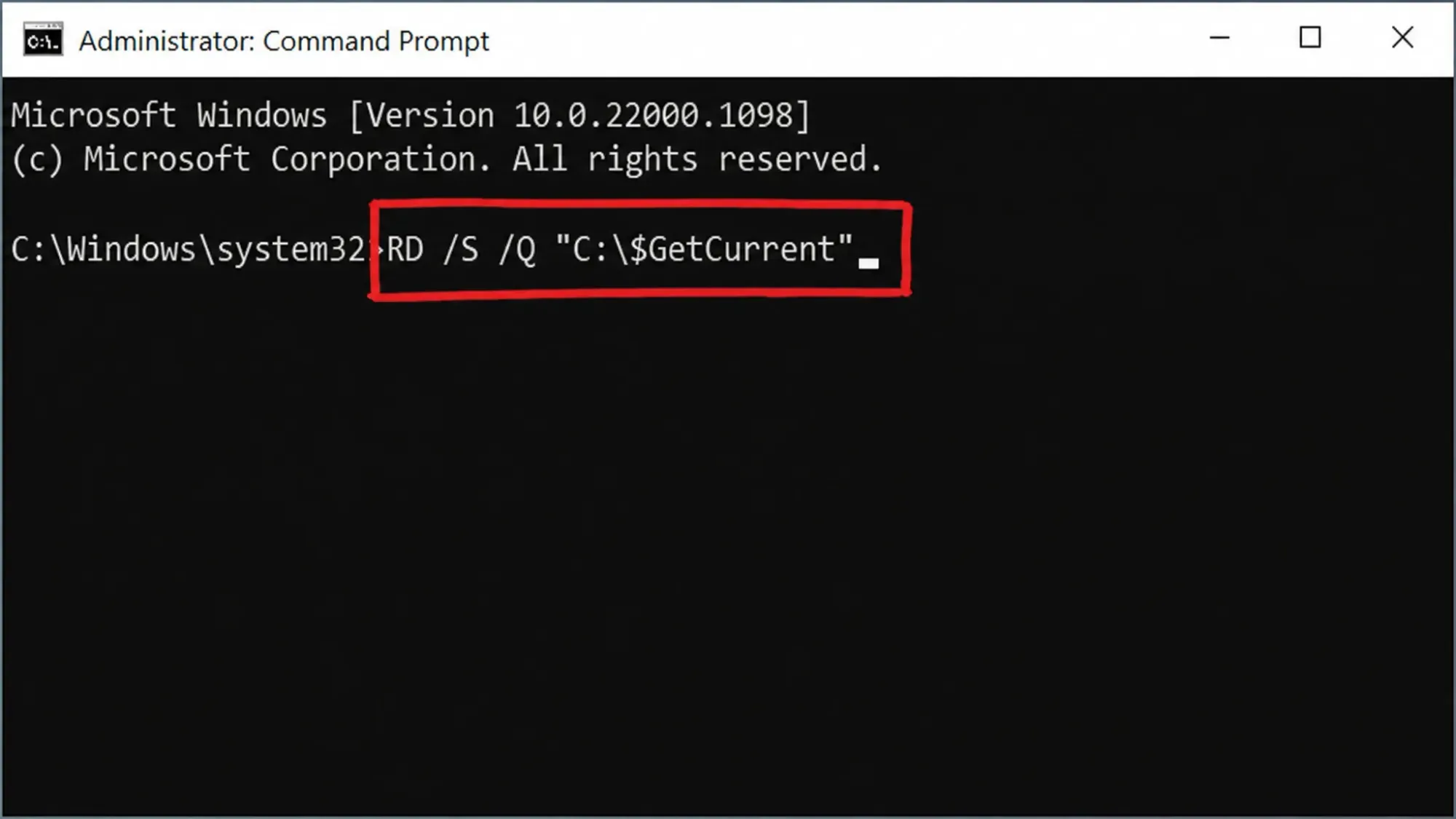 Deleting $GetCurrent folder using elevated Command Prompt