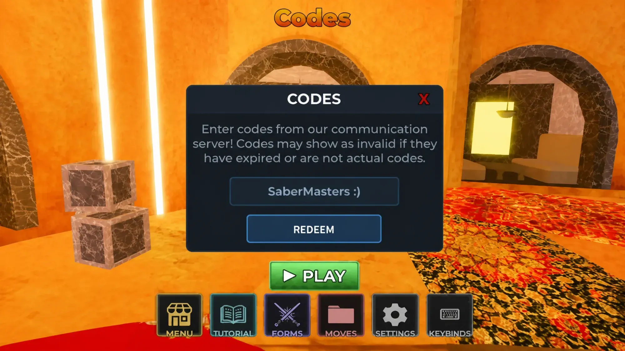 Saber Unbound codes redemption screen