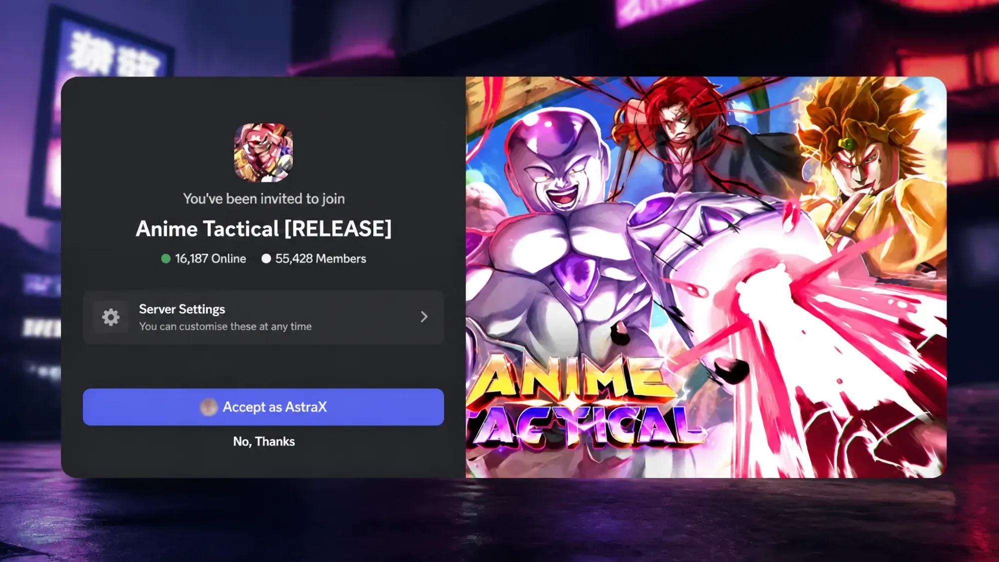 Anime Tactical codes: A screenshot of the Discord server invite with a PT logo in the top right corner