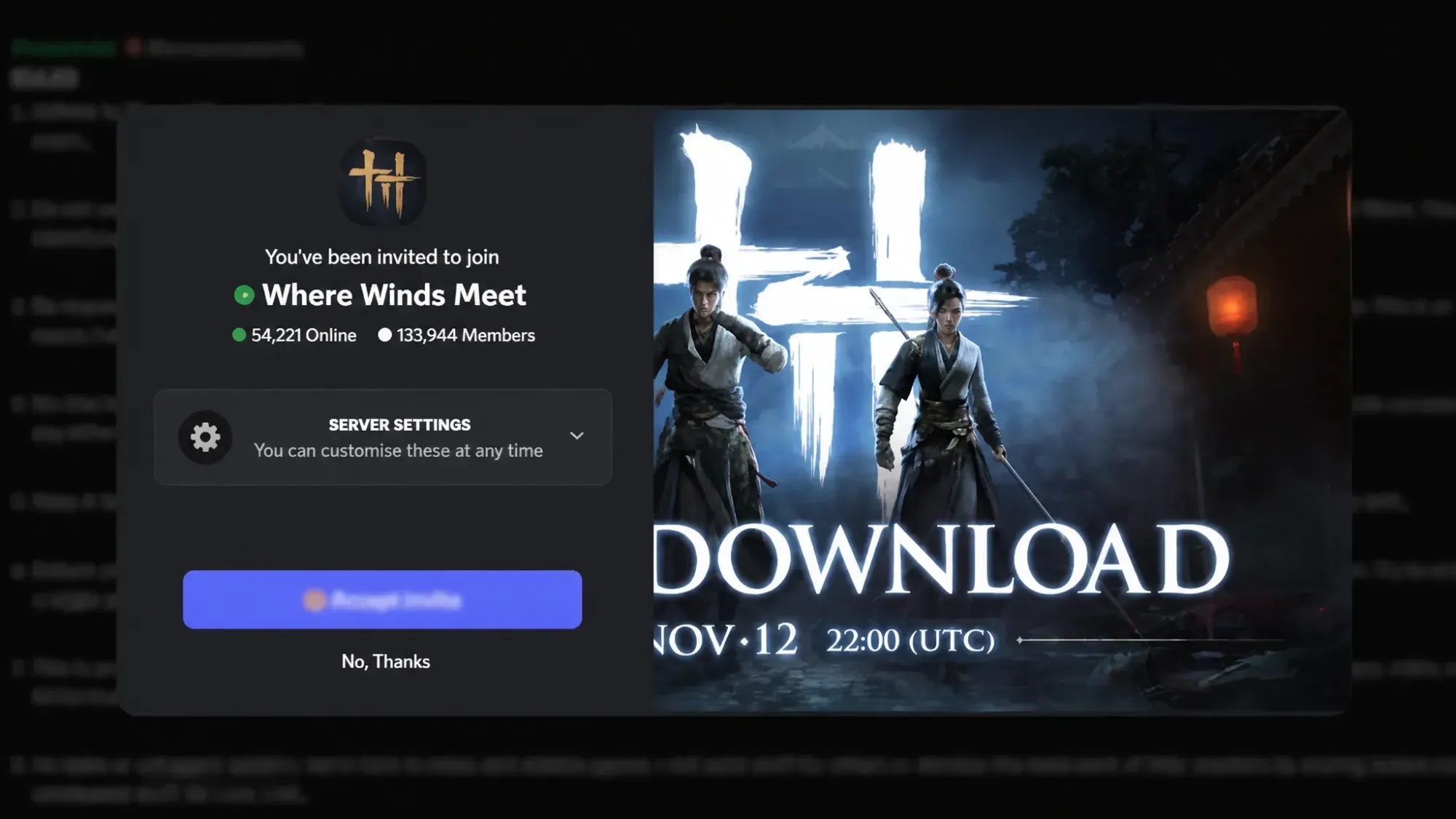 Where Winds Meet codes: A screenshot of an invite to the WWM Discord server with a PT logo in the top right corner
