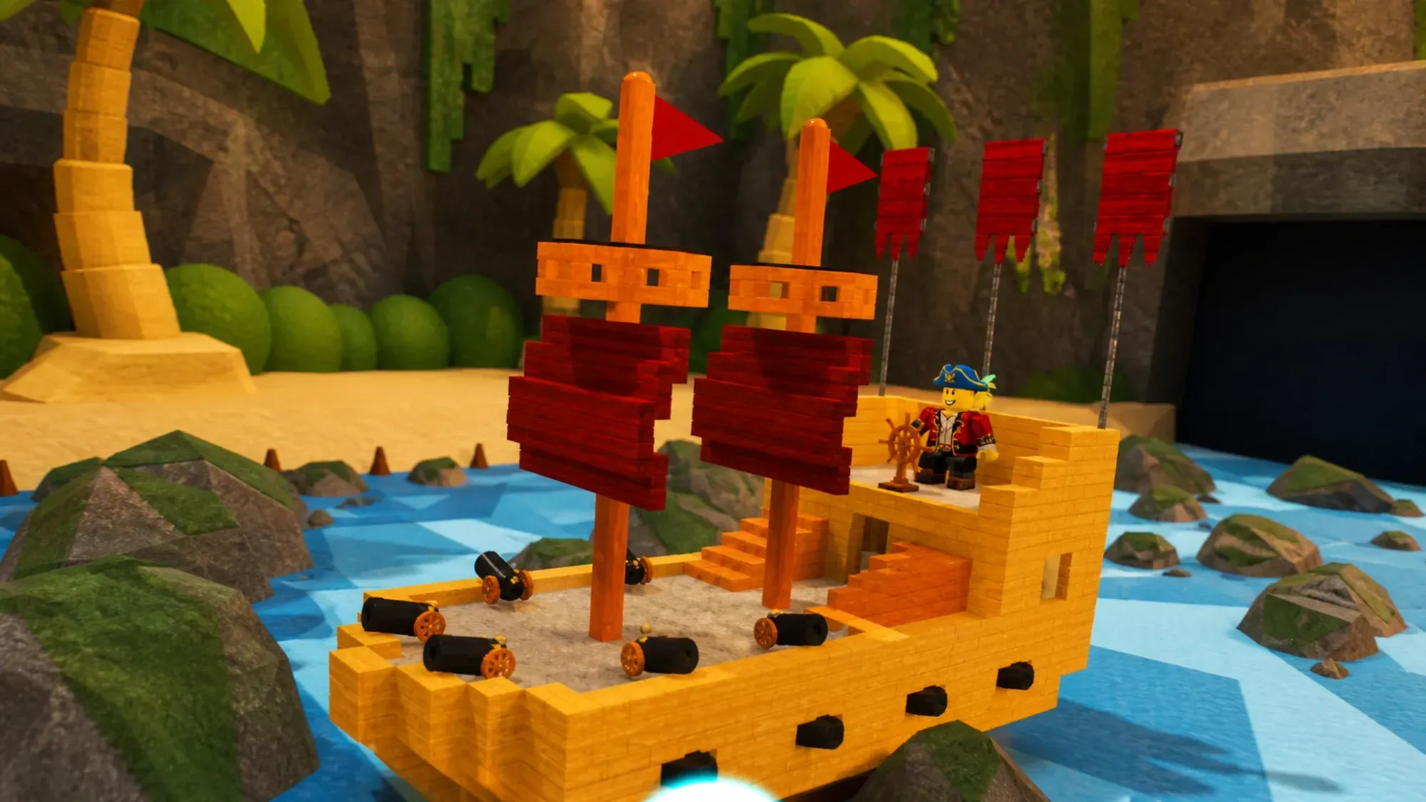 Build a Boat for Treasure codes - a blocky pirate ship on flat water by cartoon trees and a beach