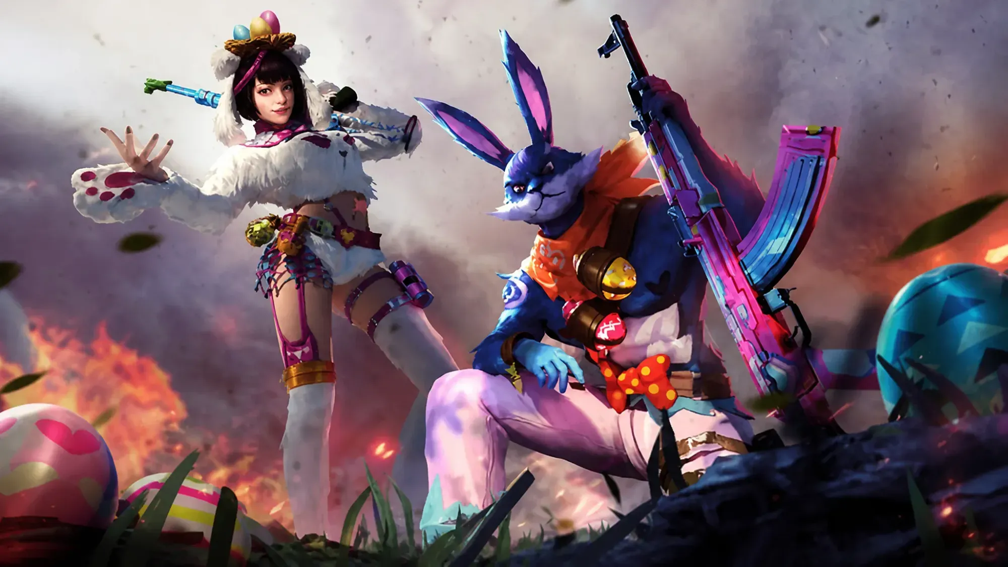 Free Fire redeem codes today - a girl and a rabbit man holding guns ready for battle