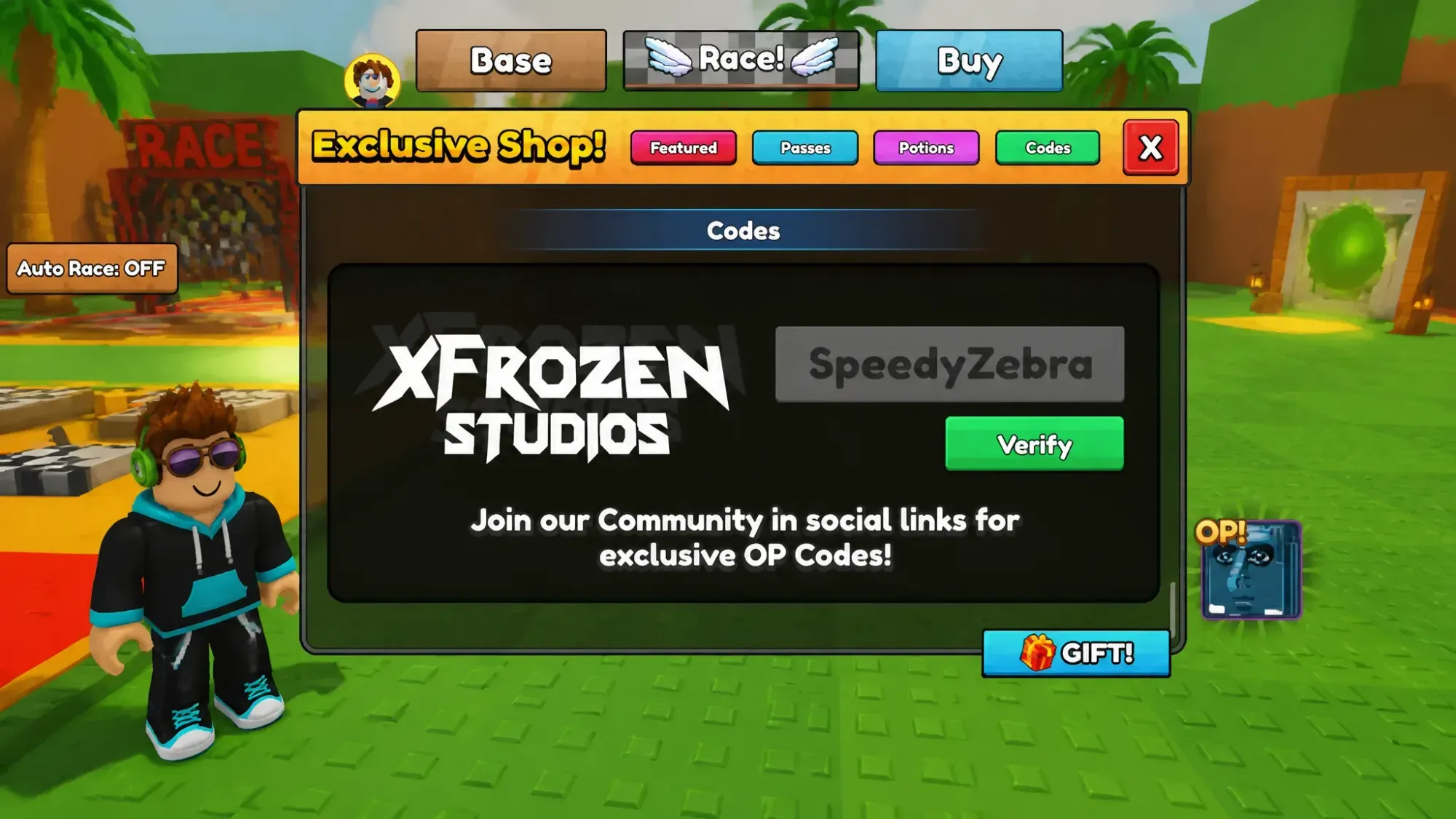 Race Your Lucky Block codes: A screenshot of the codes box with Pocket Tactics in the slot and a PT logo in the top right corner