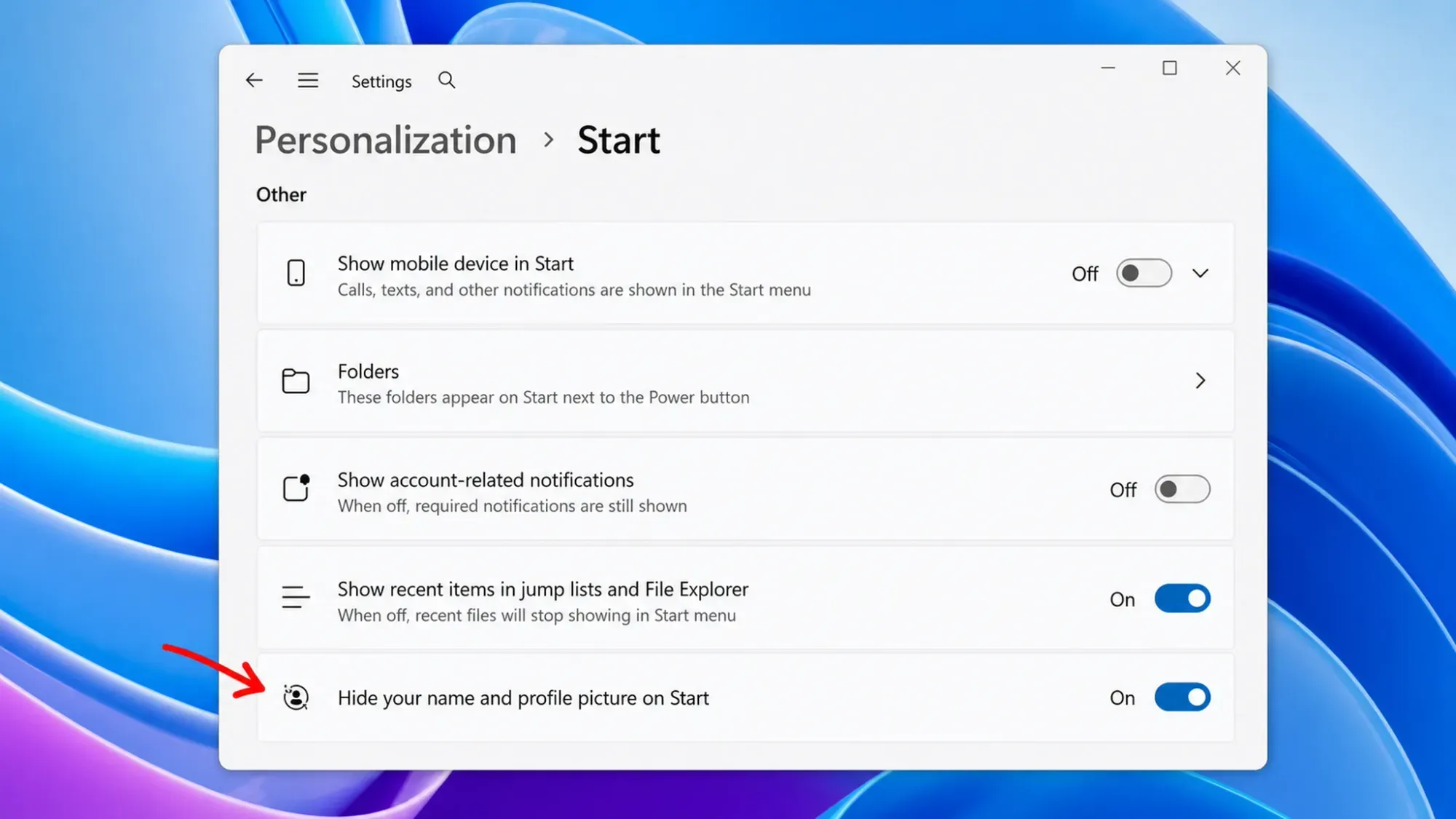 Start menu hide name and profile image
