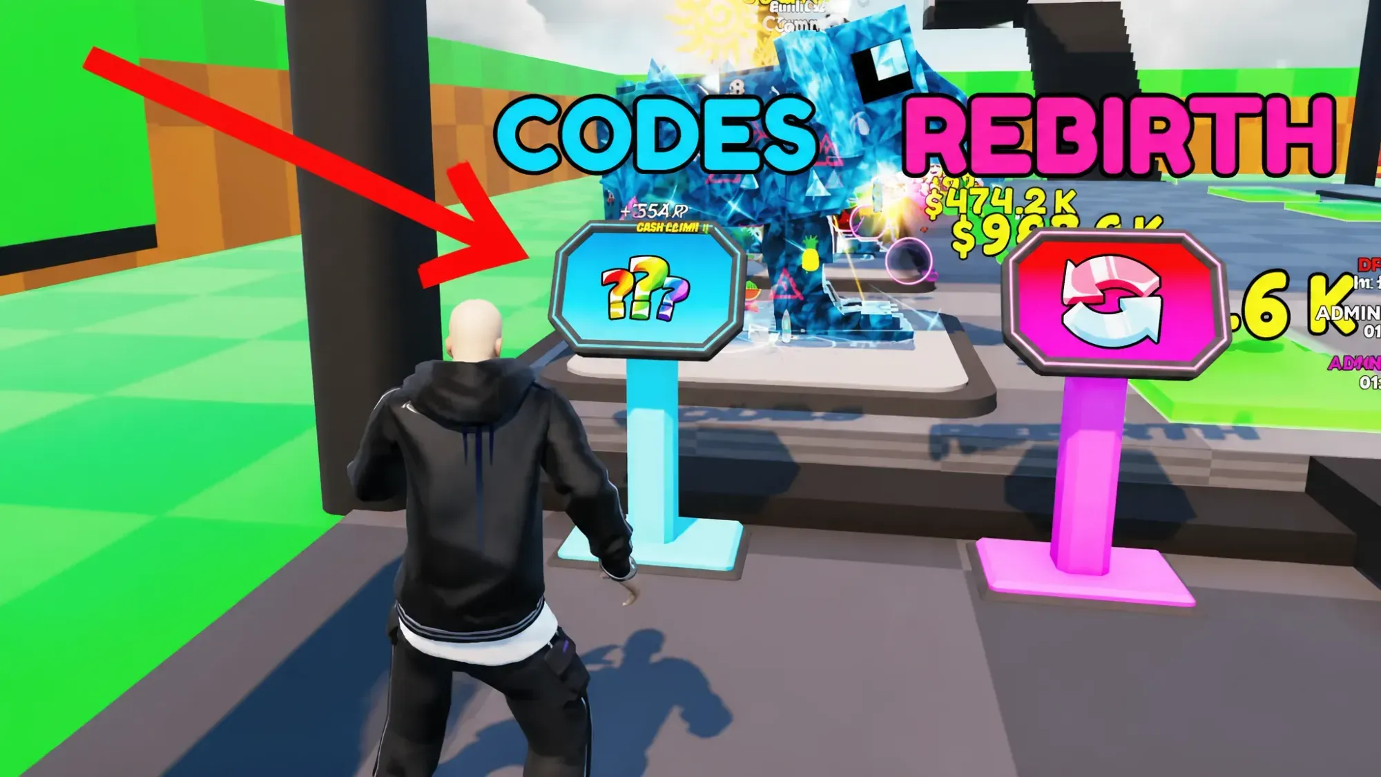 Fortnite KICK THE LUCKY BLOCK codes redemption screen showing the arrow pointing to the Codes Panel