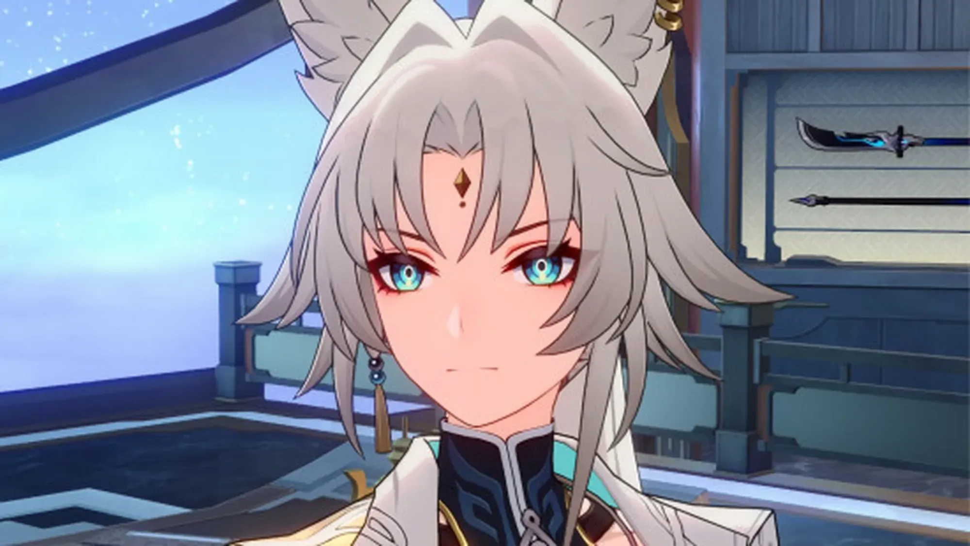 honkai star rail feixiao in a room with weapons behind her