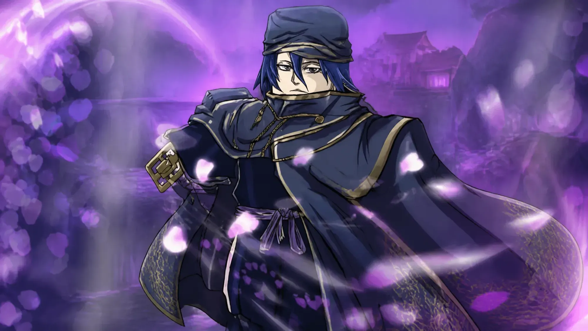 Peroxide codes showing a character in a blue robe and hat with a sword on his hip standing in a shroud of purple miasma. He has black hair and black clothes beneath the blue robes