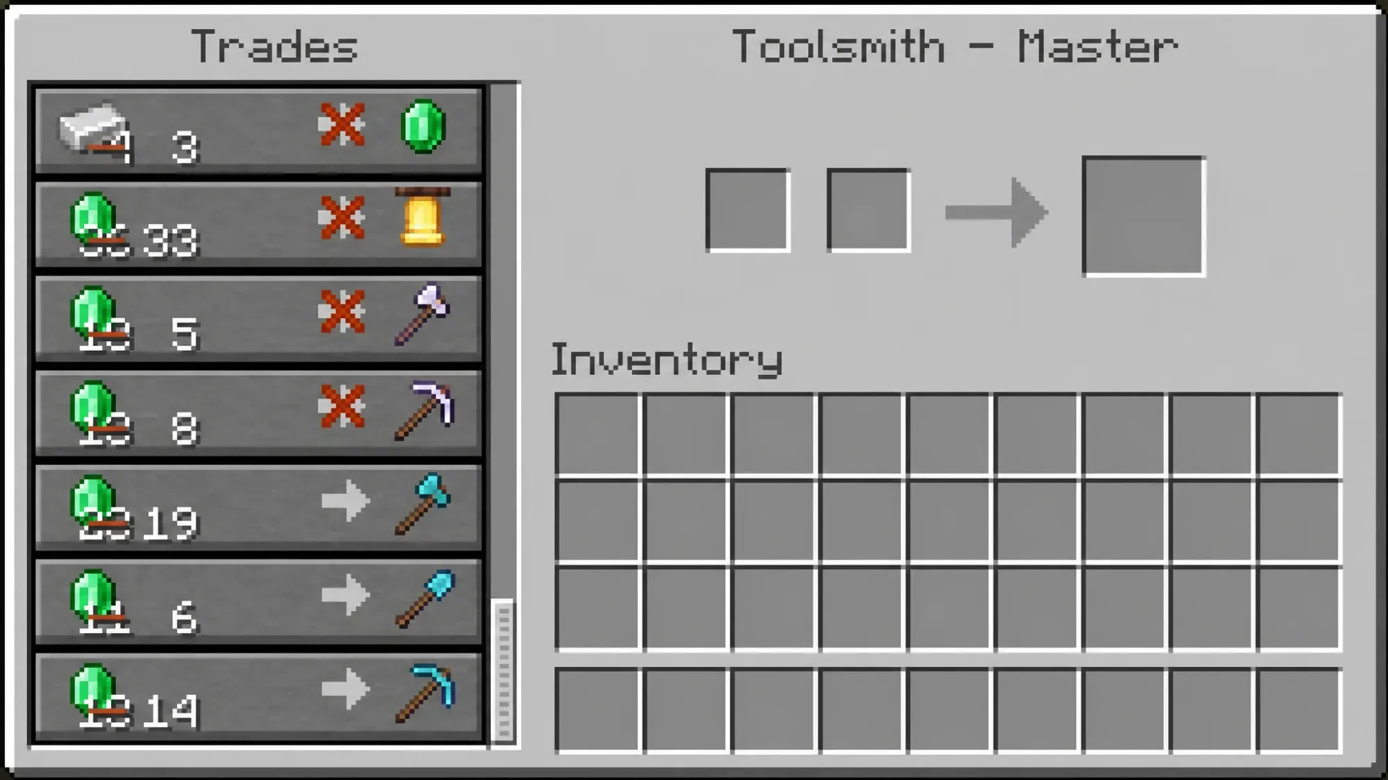 Diamond axe, pickaxe and shovel trades from toolsmith villager