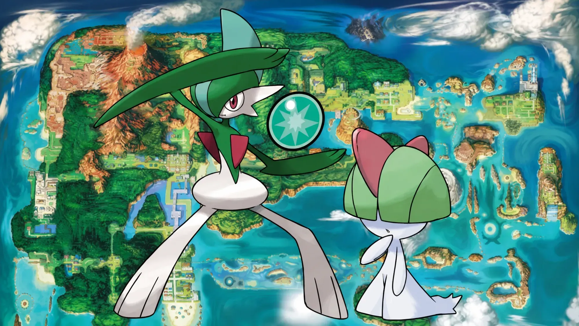 Ralts evolution - Gallade, a dawn stone, and Ralts in front of a map of Hoenn