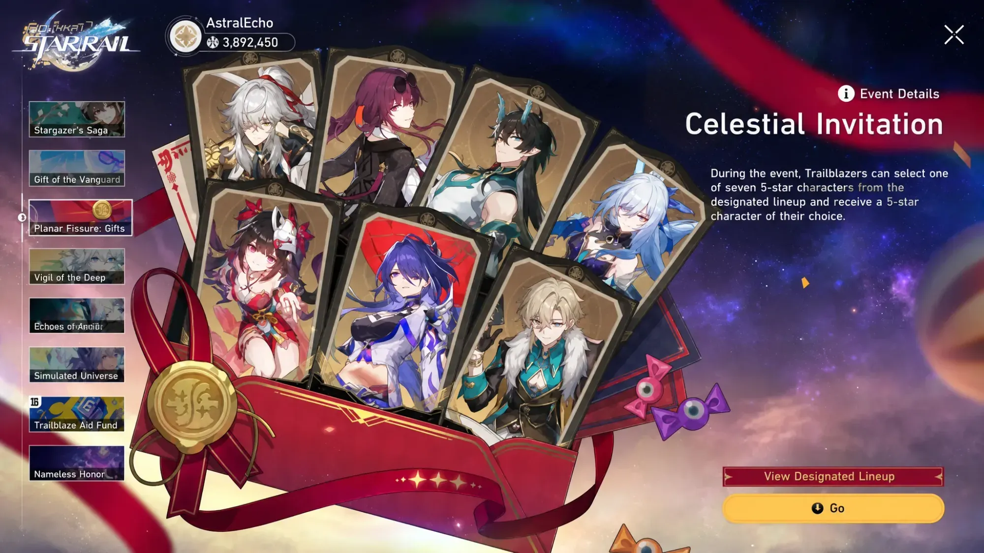 A screenshot of one of the 4.0 HSR events where you can claim a free five-star character