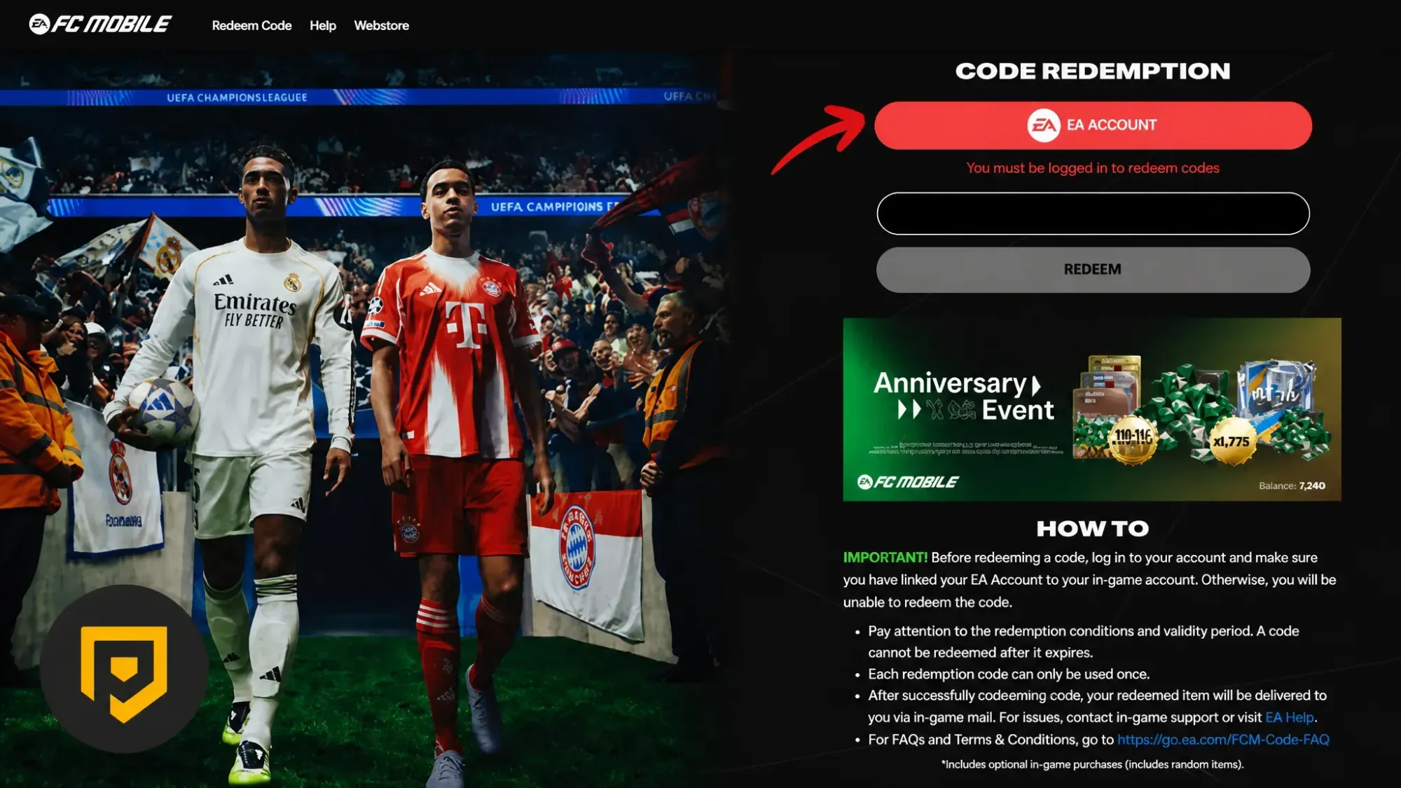 How to redeem FC Mobile codes on the official game's website