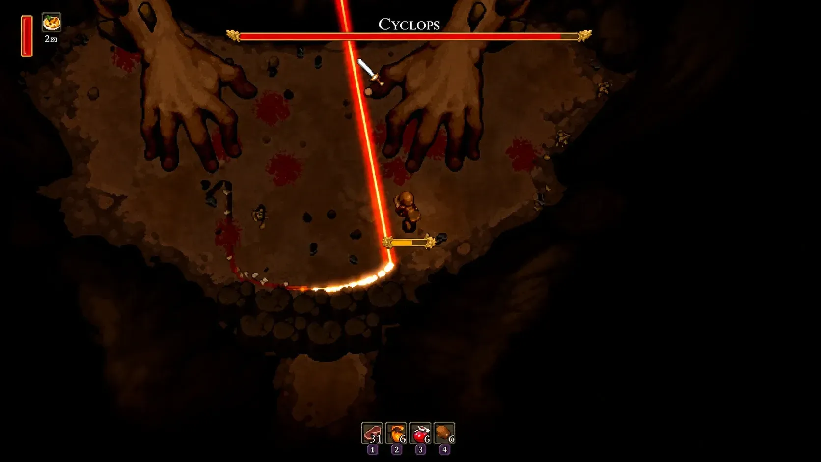 Cyclops boss facing the player character in Romestead