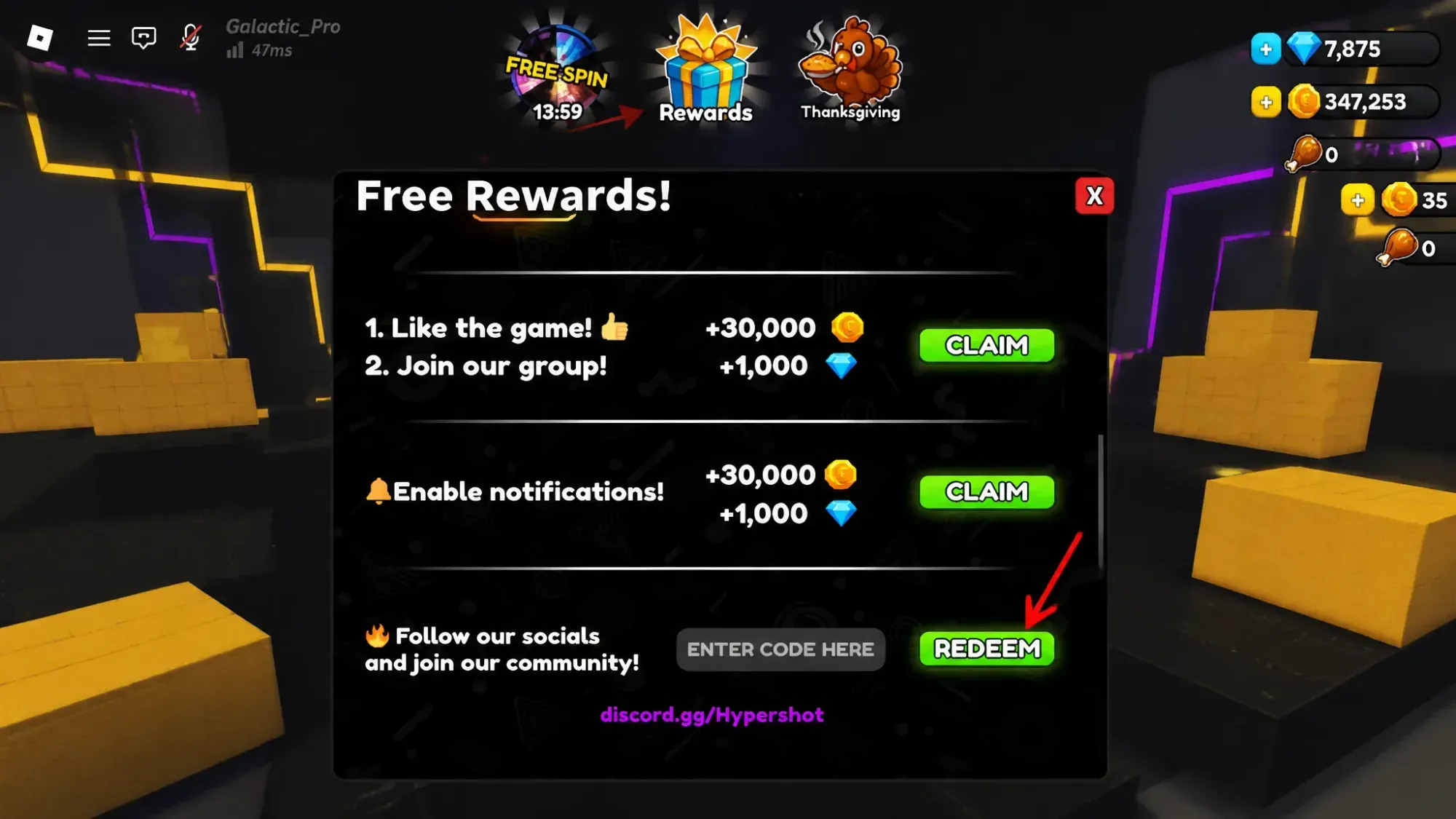 Hypershot codes redeem option