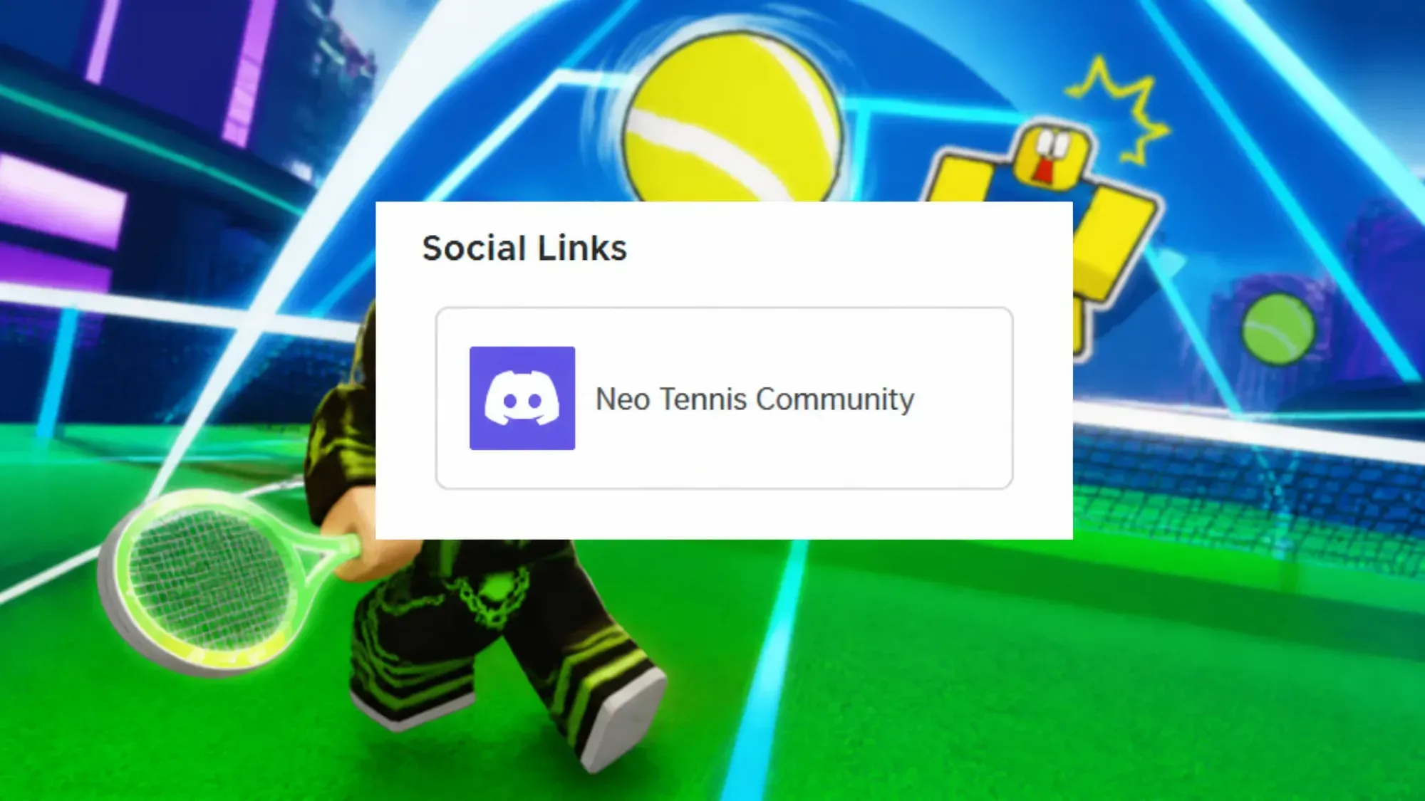 Neo Tennis codes: A clipping of the Discord button on the Neo Tennis Roblox page pasted on some blurred key art with a PT logo in the top right corner