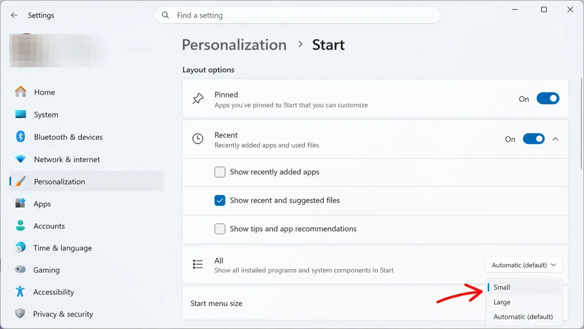 Start menu new small, large, automatic sizes