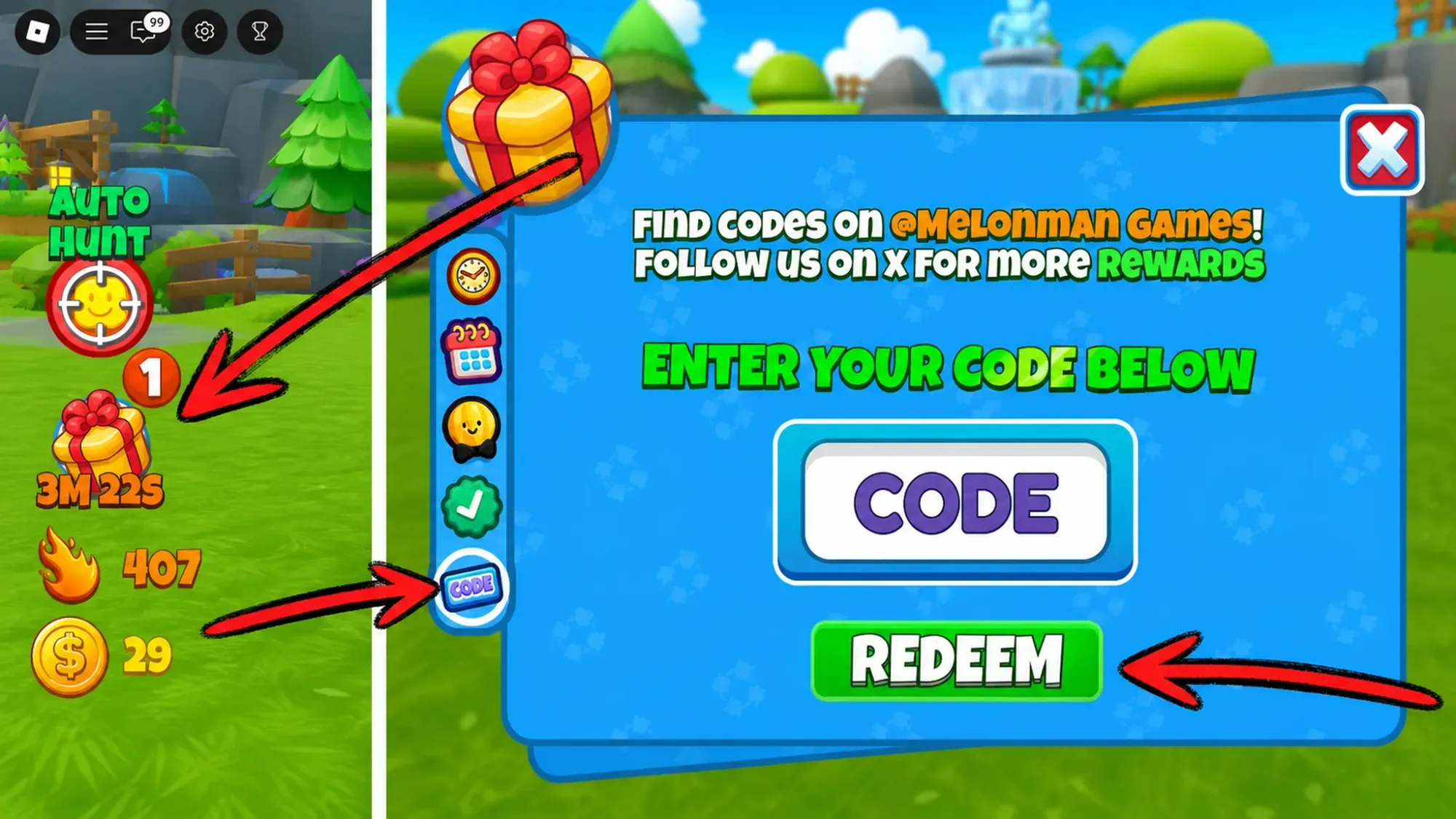 Weapon RNG codes redemption screen showing the arrow pointing to the Gift icon at the left, and the code redemption system