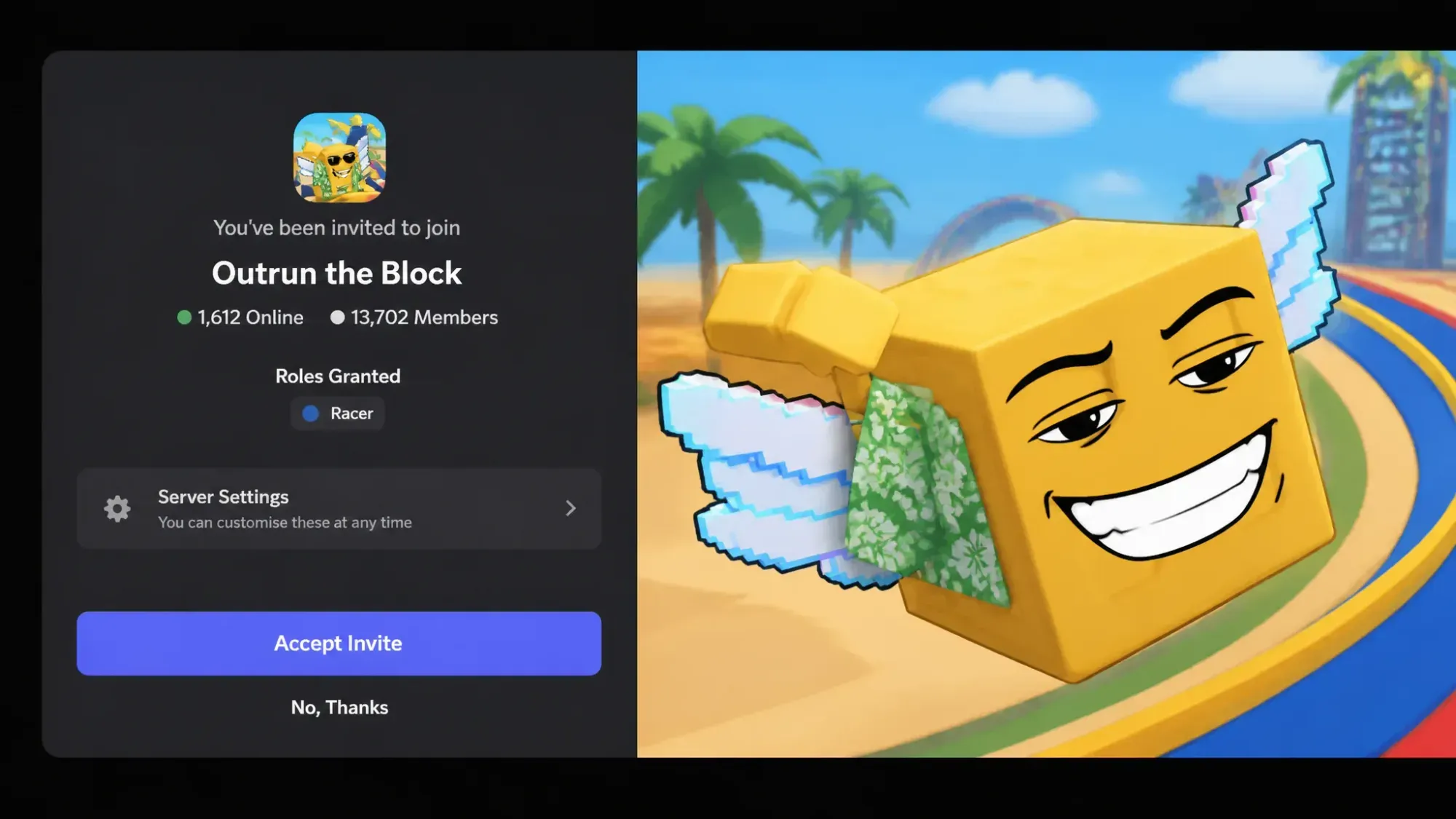 Race Your Lucky Block codes: A screenshot of the Discord server invite with a PT logo in the top right corner