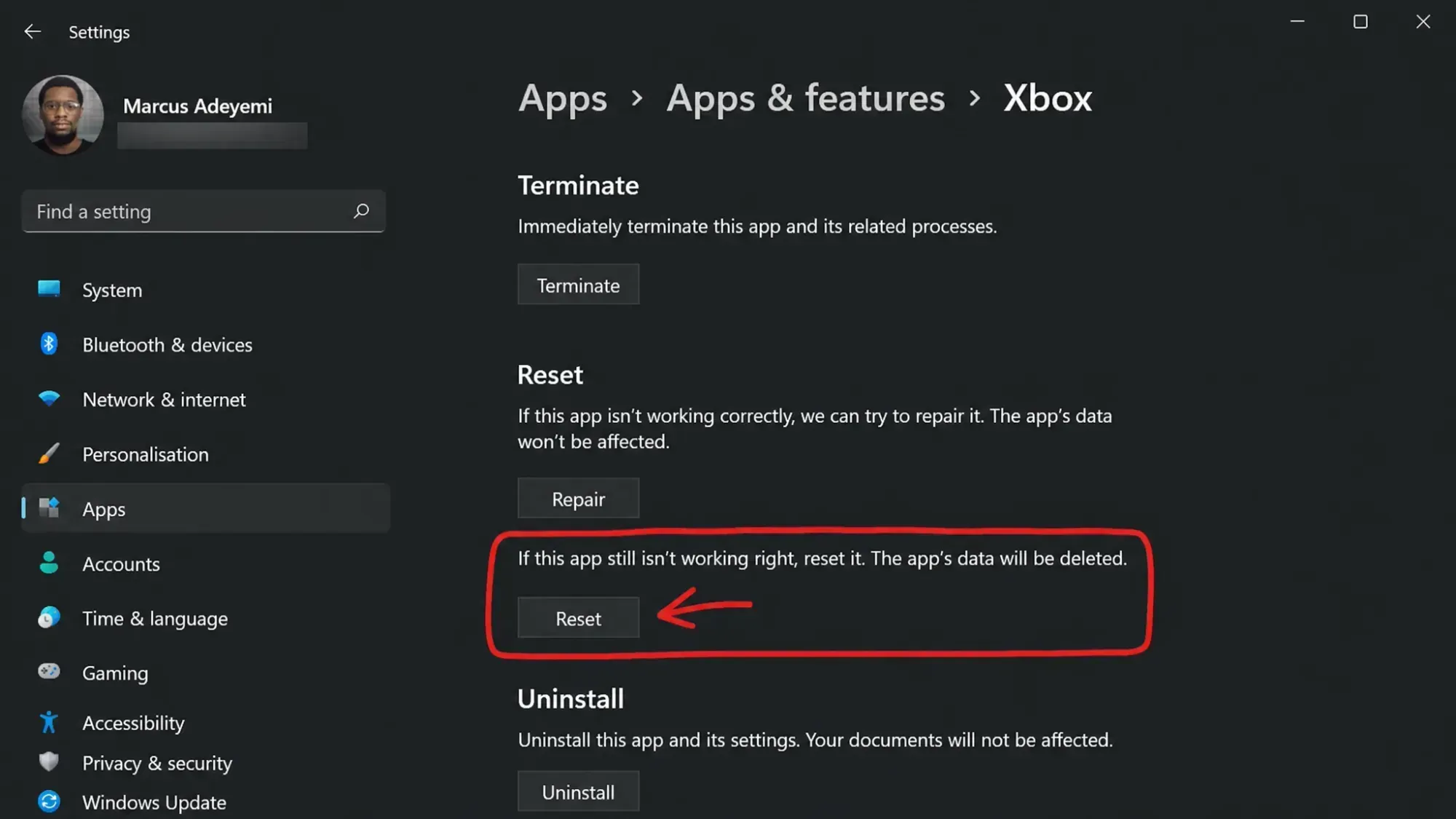 Reset Xbox App