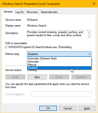 Disable Windows Search Service