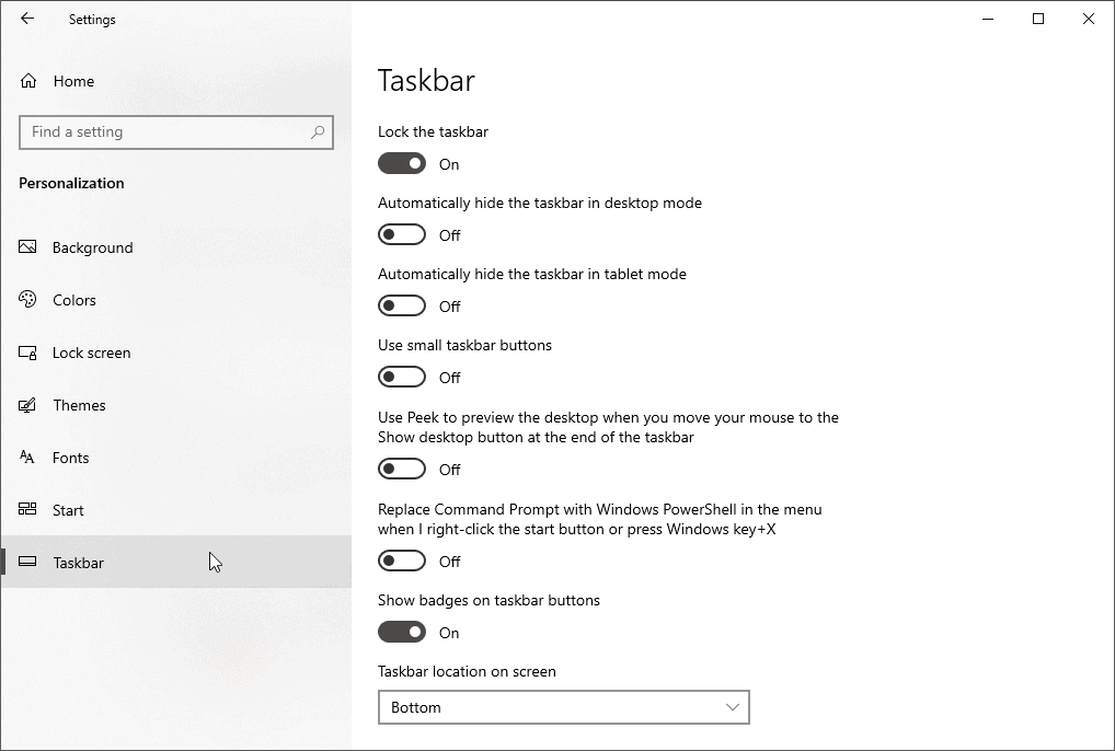 Windows 10 Taskbar Settings